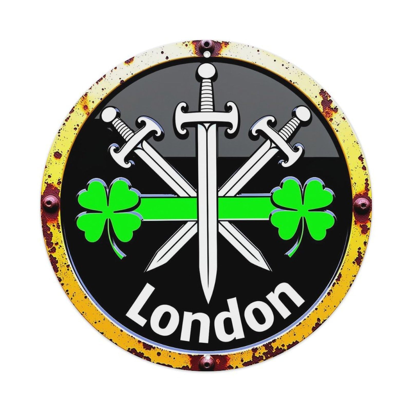 Swords Crossed Clover London Emblem Round Metal Tin Sign Vintage Wall Decor, Bar Garage Cafe Kitchen Home Wall Art Poster 8x8inches