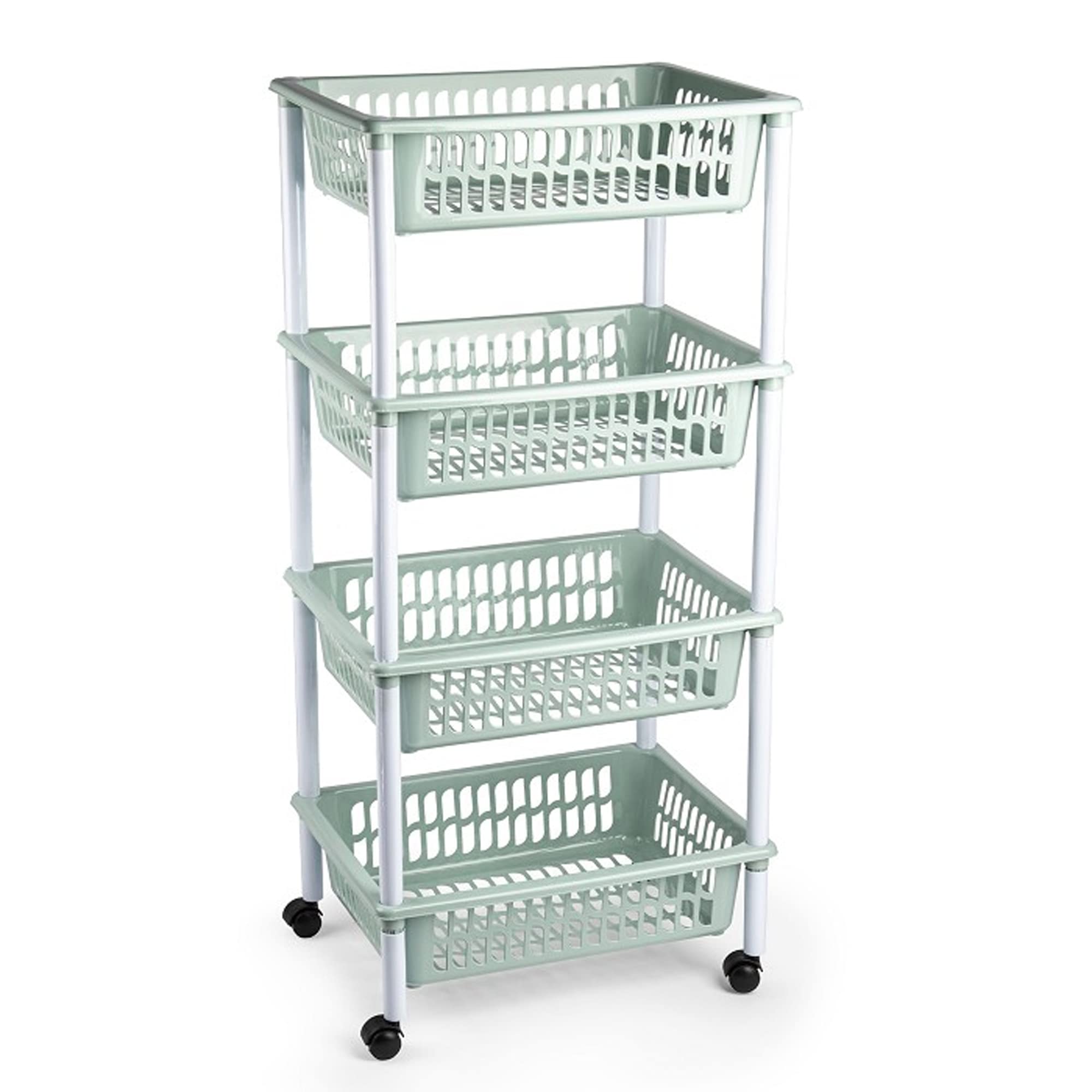 Carrello portaoggetti in plastica a 4 livelli con ruote, carrello da cucina, per verdure, cesto di frutta, mensola angolare per cucina, camera da letto, bagno, soggiorno, ufficio (verde menta)