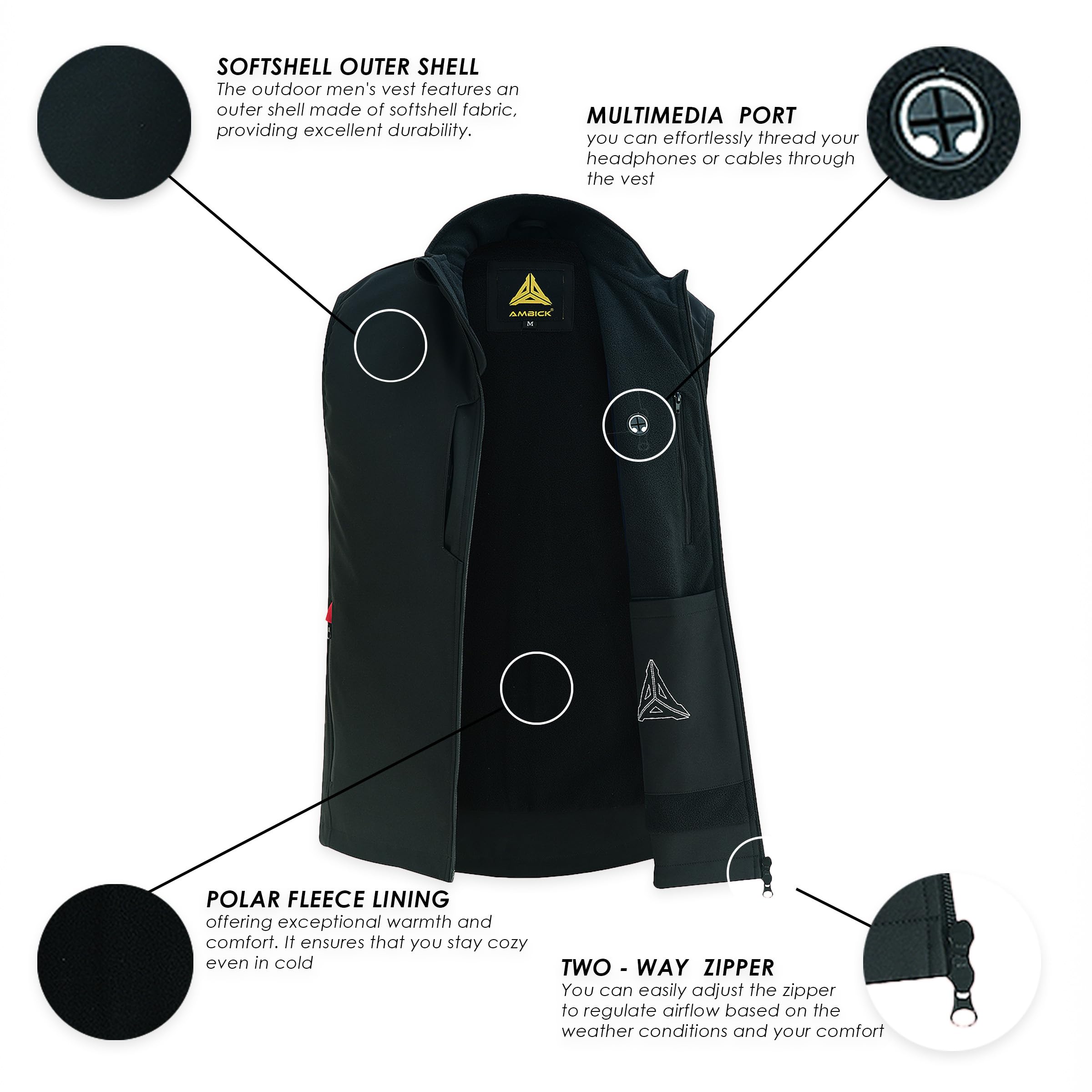 Ambick Krayz Chaleco Softshell para Hombre con Forro Polar Resistente al Viento, Chaleco para Correr sin Mangas, Ideal para Viajes, Golf, Senderismo