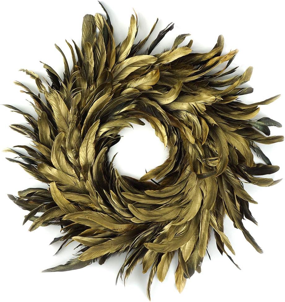 Natural Schlappen Feather Christmas Wreath - 18" Gold Farmhouse Autumn or Fall Decor