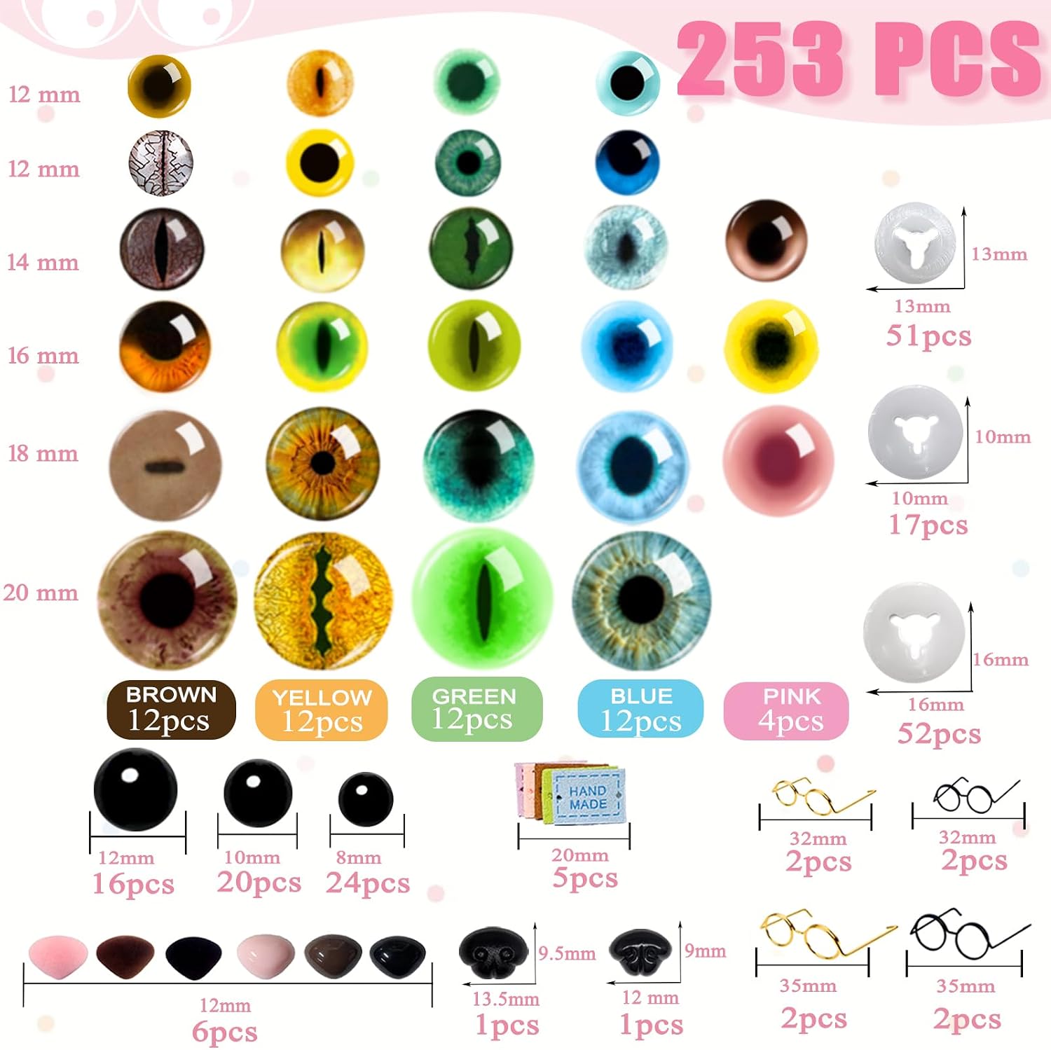 CSCHENGO 8-20mm 253 PCS Amigurum Safety Eyes for Crochet Animals, 3D Glitter Glass Eyes for Crafts Kit with Noses/Glasses/Leather Tags,Doll Crochet DIY Crafts Stuffed Animals Making Supplies
