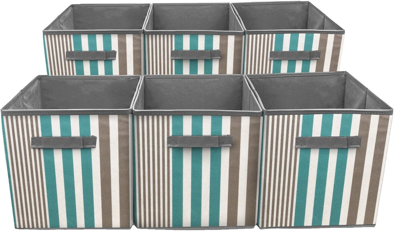 Sorbus® Foldable Storage Cube Basket Bin, Vertical Stripe Line Pattern (6 Pack, Aqua)