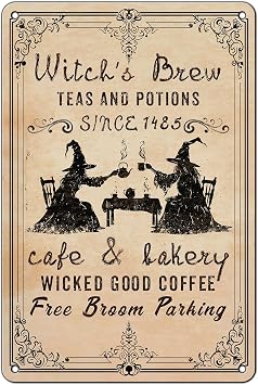 Witchs Brew Metal Tin Sign Halloween Kitchen Decor Vintage Witchy Cafe Bakery Wall Art Teas and Potions Coffee Bar Decor for Home Bar Cafe 12x8 Inch