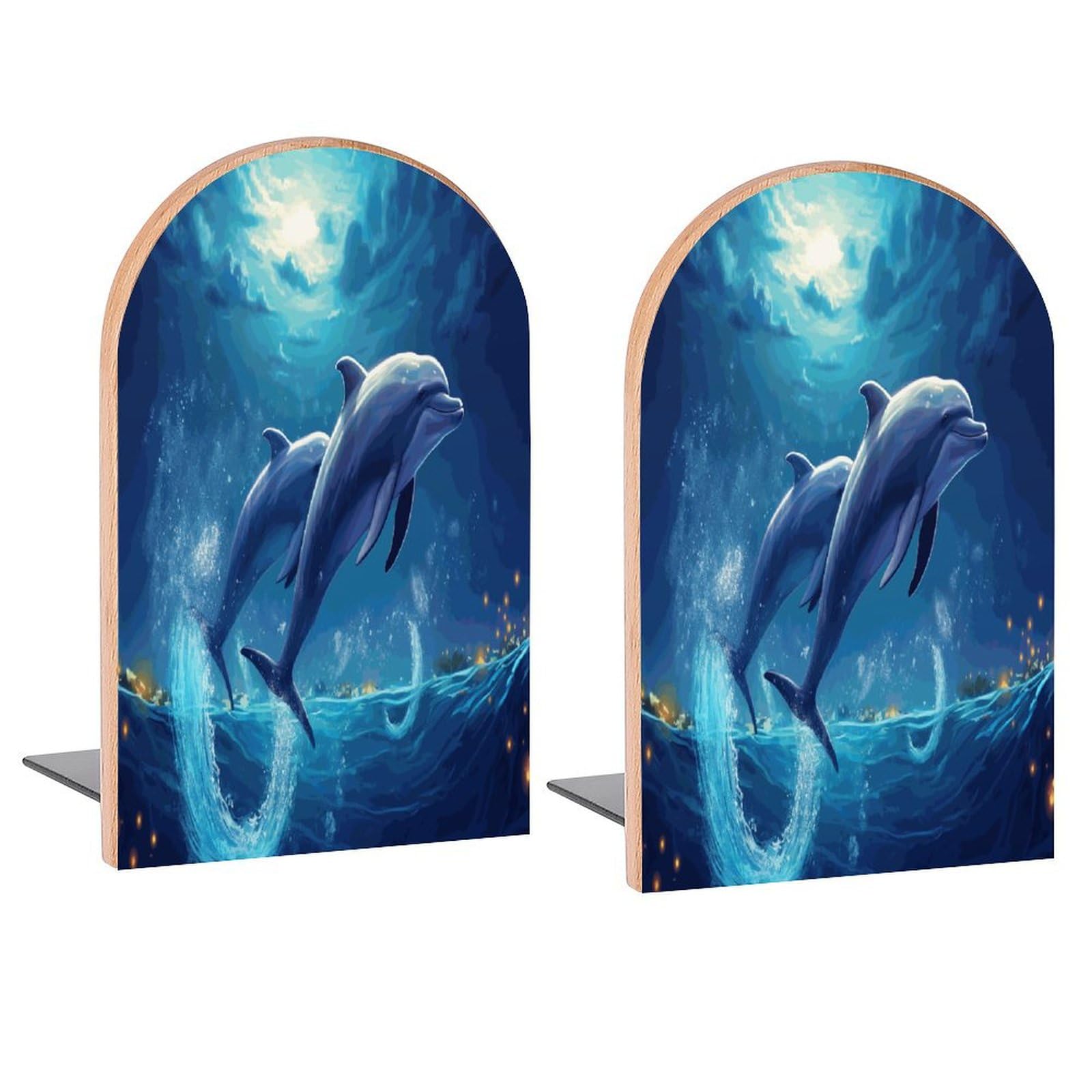 Two Dolphins Clouds Night Book Ends Decorative Wood Bookends for Shelves Kids Room Desk Home Office Book Stoppers for Magazines,Books, DVDs, 1 Pair/2