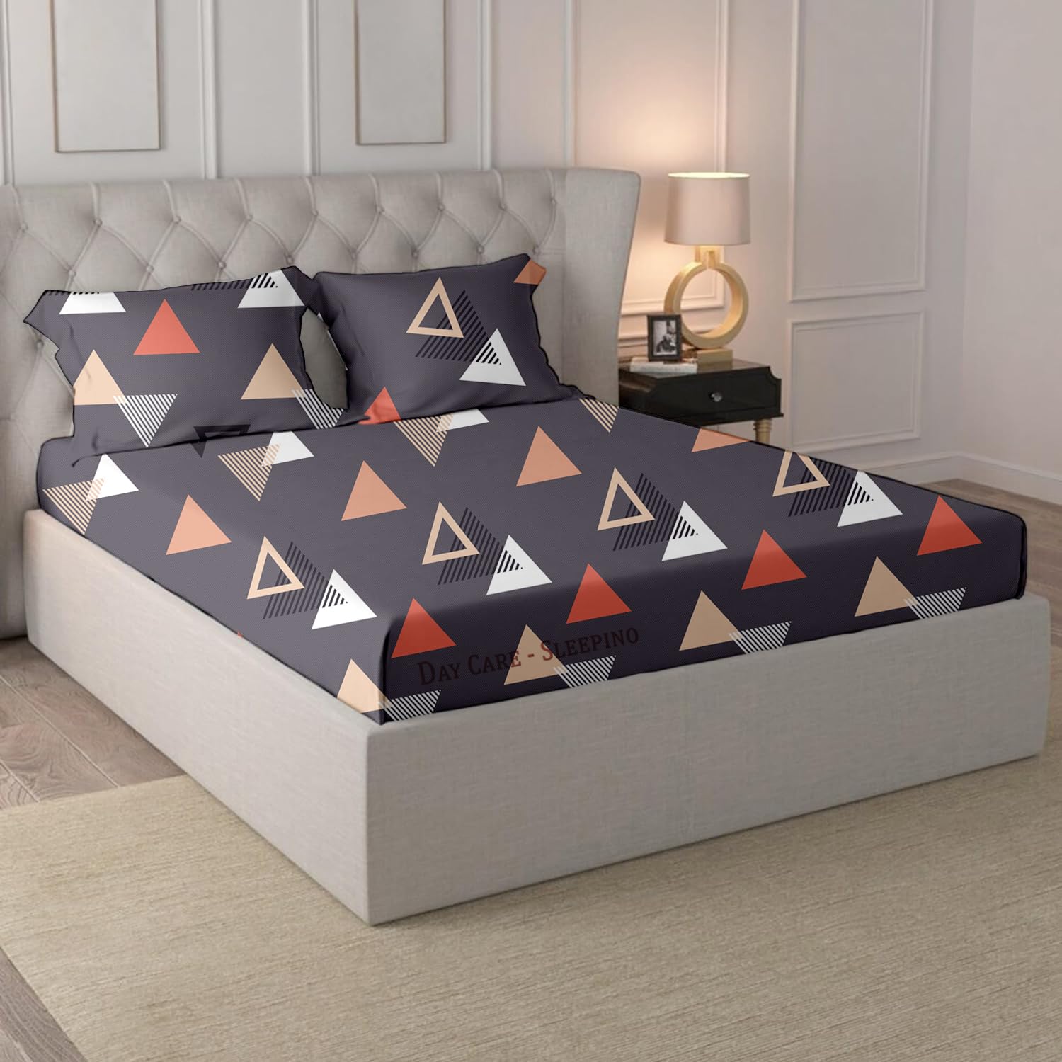 Day Care -Elastic Fitted Bedsheet King Size for (72X78 Inches) Premium Cotton Feel for King Size Bed with All Around Elastic with overlock, 2 Large Pillow Covers (17X27)|Plum Triangle (B0D3VGLW88) Amazon Price History, Amazon Price Tracker
