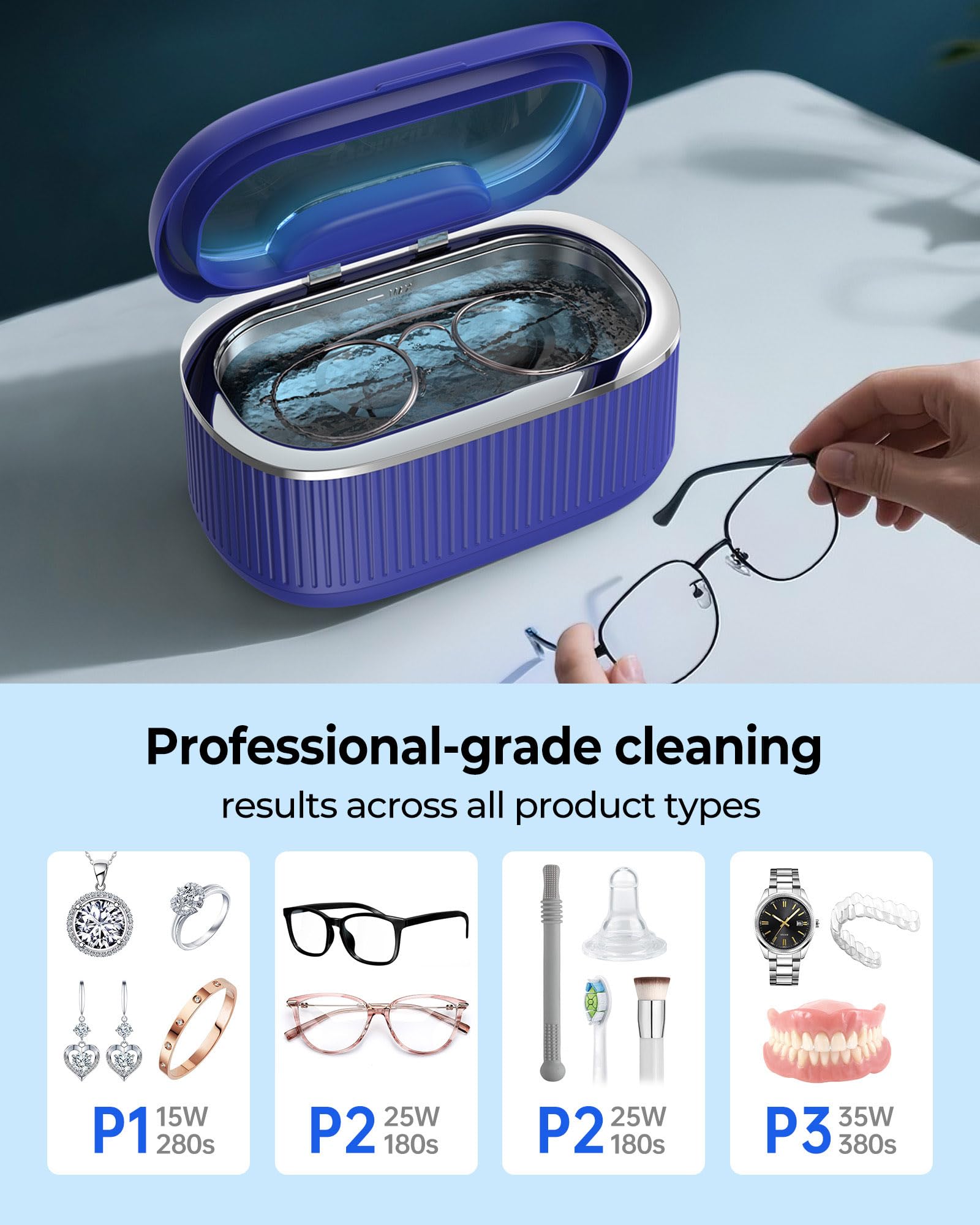 Limpiador ultrasónico de joyas de 45 KHz, 5 temporizadores y 3 modos de potencia, limpiador de retenedor de 35 W para joyas, lentes, anillos, correa de reloj, dentaduras postizas, silencioso