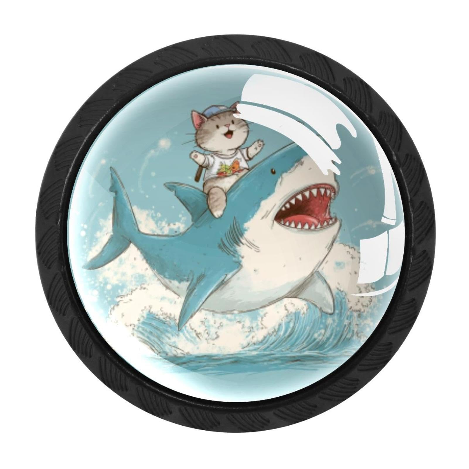 CHENZZZZ 4 Pieces Funny Cat Riding Shark Ocean (5) Kitchen Cabinet Knobs Drawer Knobs Dresser Knobs Black Knobs Drawer Pulls Dresser Drawer Handles Knobs for Dresser Drawers