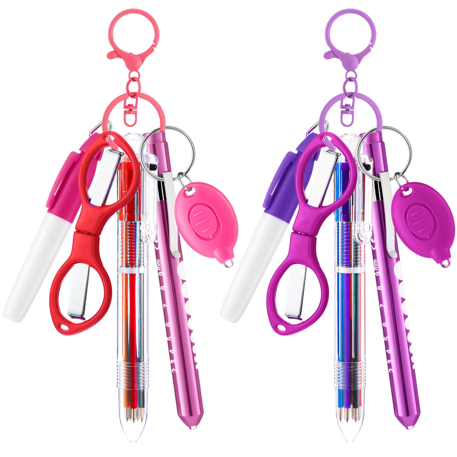 Geiserailie 14 Pcs Nurse Pen Set Two Colors Pink Purple Include Permanent Marker Pen Lights Retractable Ballpoint Keychain Clip Foldable Scissors LED Flashlight Keychain for Nurses