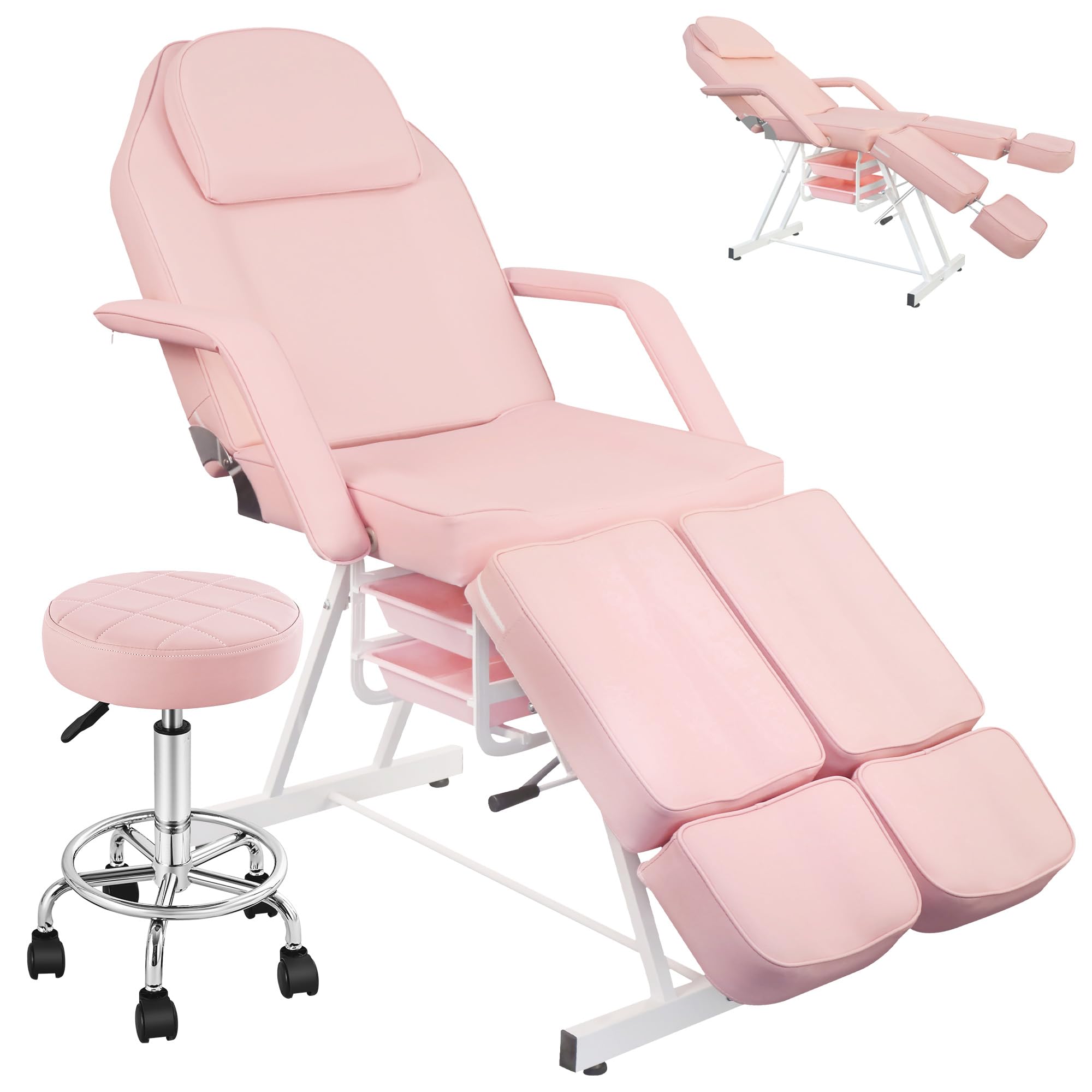 Tattoo Artist Chair, Pink Split Leg Facial Bed for Esthetician, Adjustable Armrest Headrest Table with Rolling Stool, Professional Beauty Lash Bed Eyelashes for Salon Spa Barber Massage Equipment