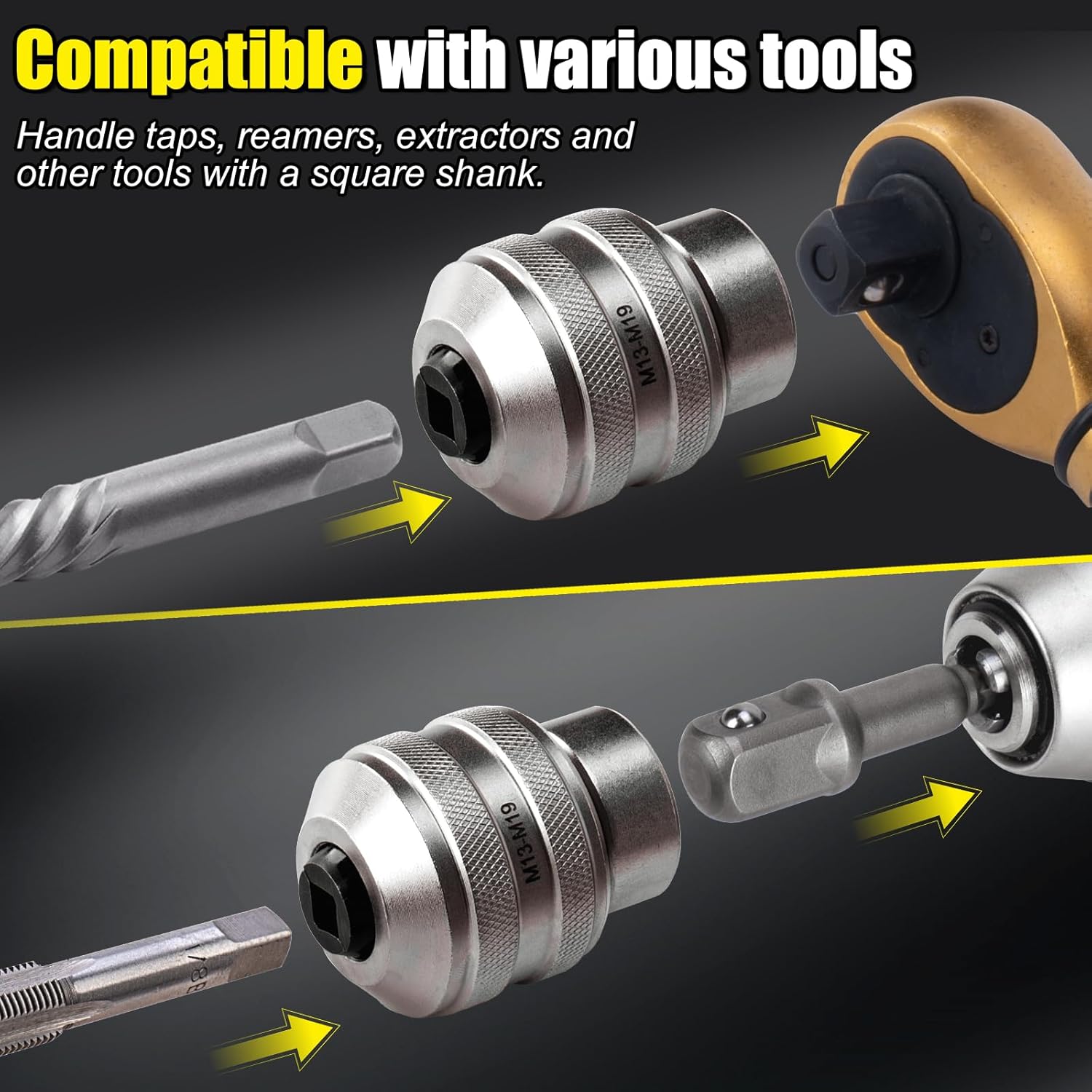 Topec Tap Sockets, 6-Piece Tap Socket Set, Extraction Tool, CR-MO Steel, Adjustable Handle with Metric M3-M19 Sockets & 1/4"-3/8"-1/2 Imperial Adapters