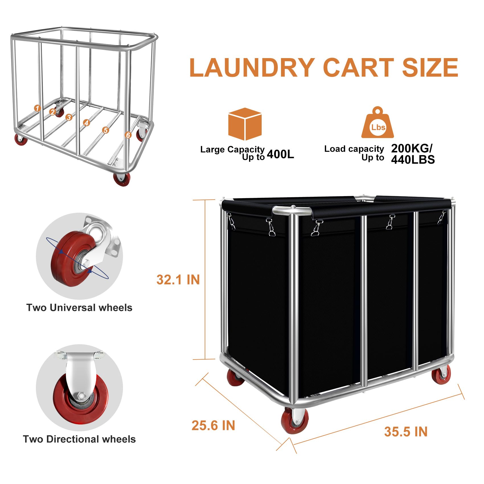 Commercial Laundry Carts with Wheels 11.35 Bushel Industrial Laundry Cart Basket Trucks Heavy Duty Large Laundry Carts Hampers Reinforced Steel Frame,440 lbs Load, Black