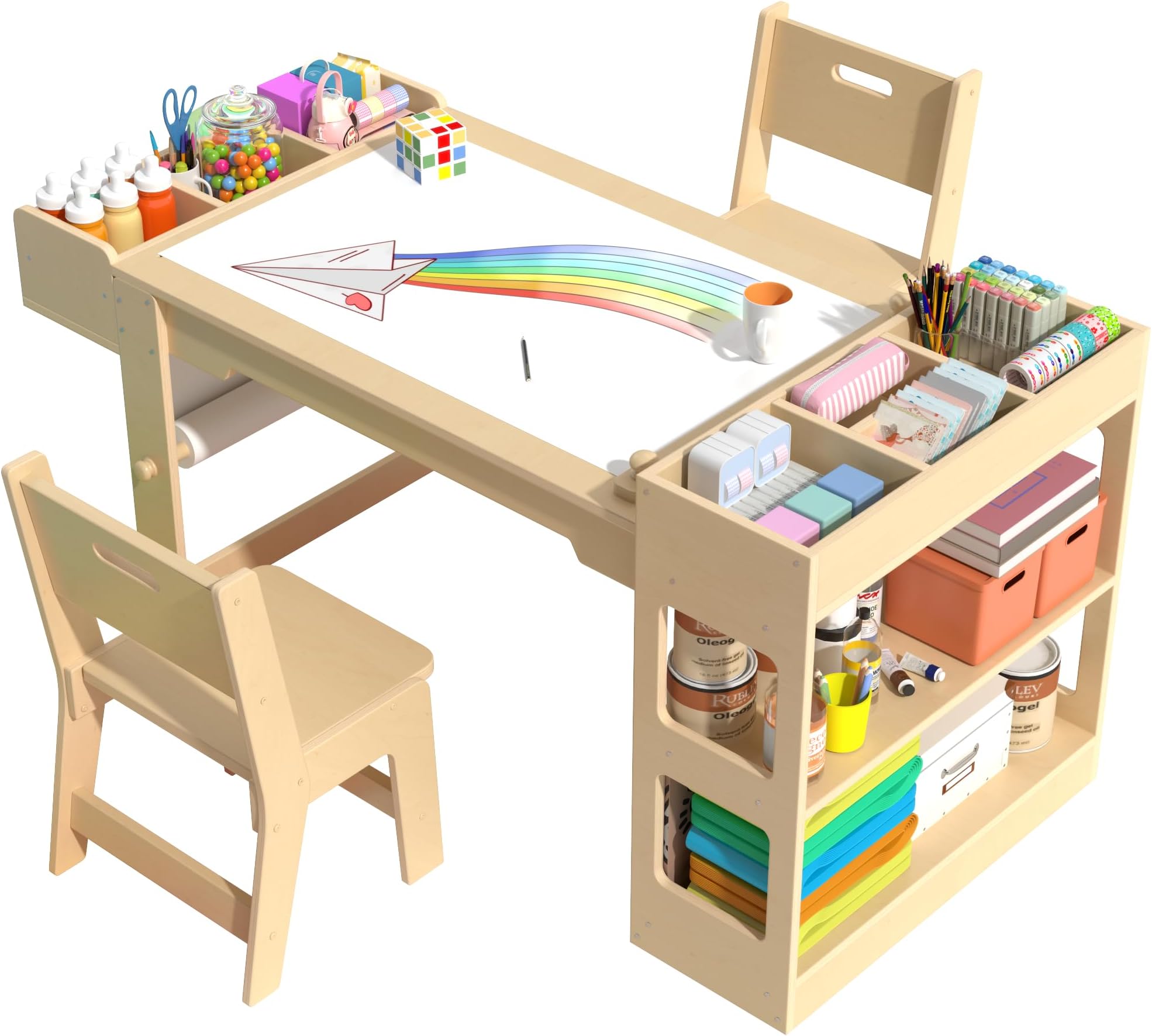 Kids Art Table and Chair Set, Kids Craft Table with Storage, Toddler Activity Play Desk with 2 Chairs, Wood Art Craft Play Desk with Paper Roller for Writing, Drawing, Learning and Reading