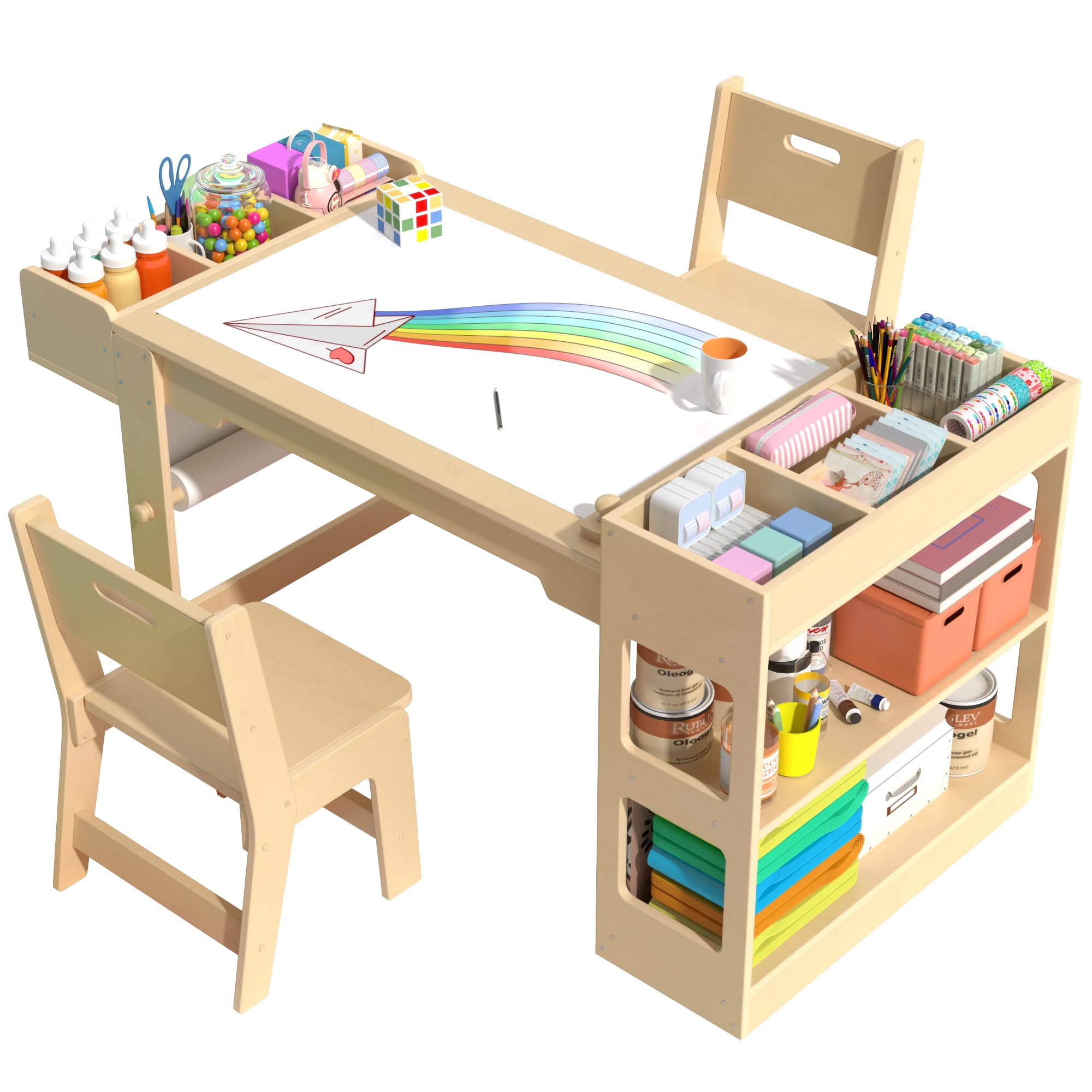 Kids Art Table and Chair Set, Kids Craft Table with Storage, Toddler Activity Play Desk with 2 Chairs, Wood Art Craft Play Desk with Paper Roll for Writing, Drawing, Learning and Reading
