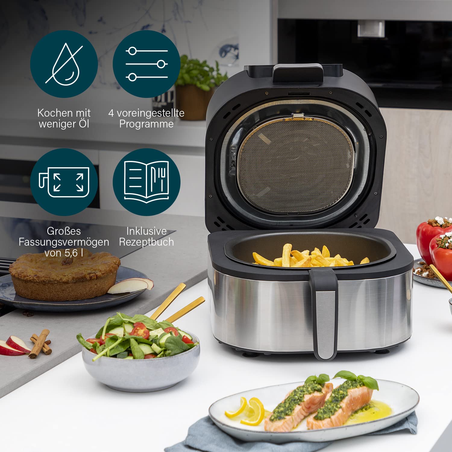 Princess 2-in-1 Heißluftfritteuse und Grill - 4 Programme - Max 265°C - Inklusive Thermometer - 1760W - Herausnehmbarer Korb - Silber/Schwarz - 182092