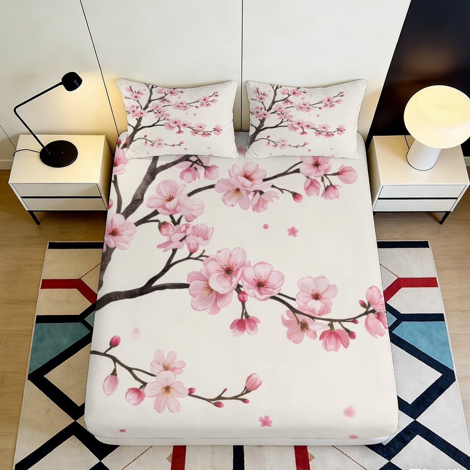 Pnayamiorkfel Style-8 3D Printed Cherry Blossom Fitted Sheet Microfiber Anti-Slip Bed Cover For Bedroom Guest Room Easy Care Decor 90X200x25cm