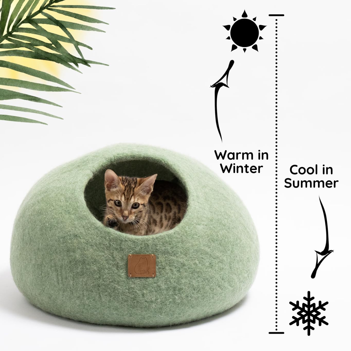 Extra Thick Felted Wool Cat Cave Bed Your Pet Will Love - Cozy and Warm Hideaway for Sleeping & Relaxing - Large and Small Pets - 100% Organic, Durable, Long-Lasting Comfort (Eucalyptus Green, Small)