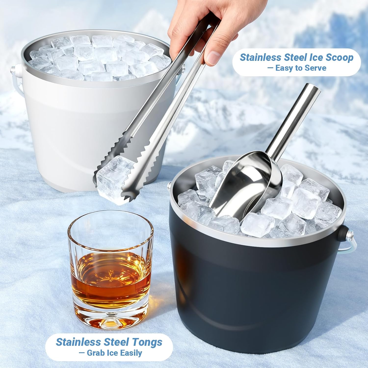 Luxfuel Insulated Beverage & Ice Bucket with Lid - Stainless Steel, Includes Scoop & Tongs, Holds 6 Longnecks or 3 Wine Bottles, Keeps Ice for Hours, Portable Handle for Parties & Outdoors (7.5L)
