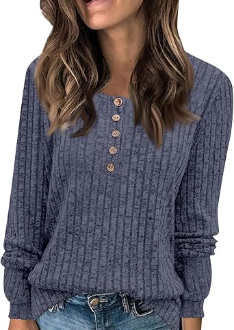 lcyhony Pullover Sweaters for Women Trendy Lightweight Crewneck Button Up Shirt Casual Loose Comfy Long Sleeve Sweater Shirts