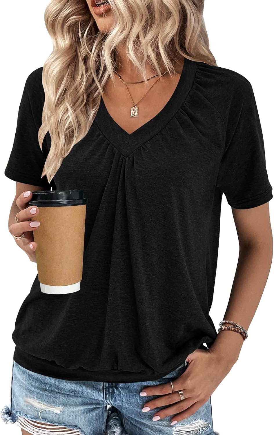 2 Pack Summer Tops for Women V Neck Shorts Sleeve Casual Ruched Tops Women T Shirts Clothes Trendy 2026 - Image 2
