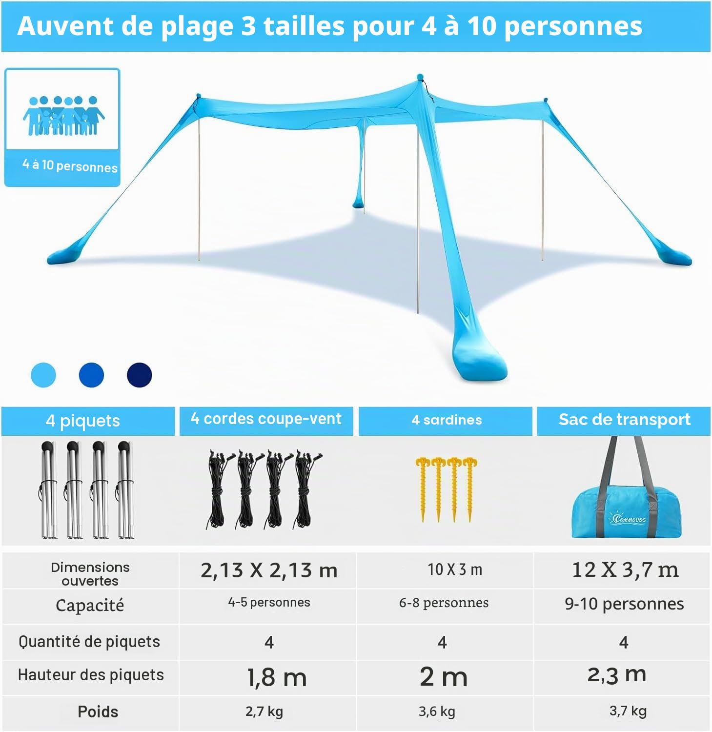 COMMOUDS Abri de Plage Anti UV, Tente Portative 3m x 3m, Parasol en Aluminium, Abri Familial Facile à Installer pour la Plage, le Camping, la Pêche et l'Extérieur