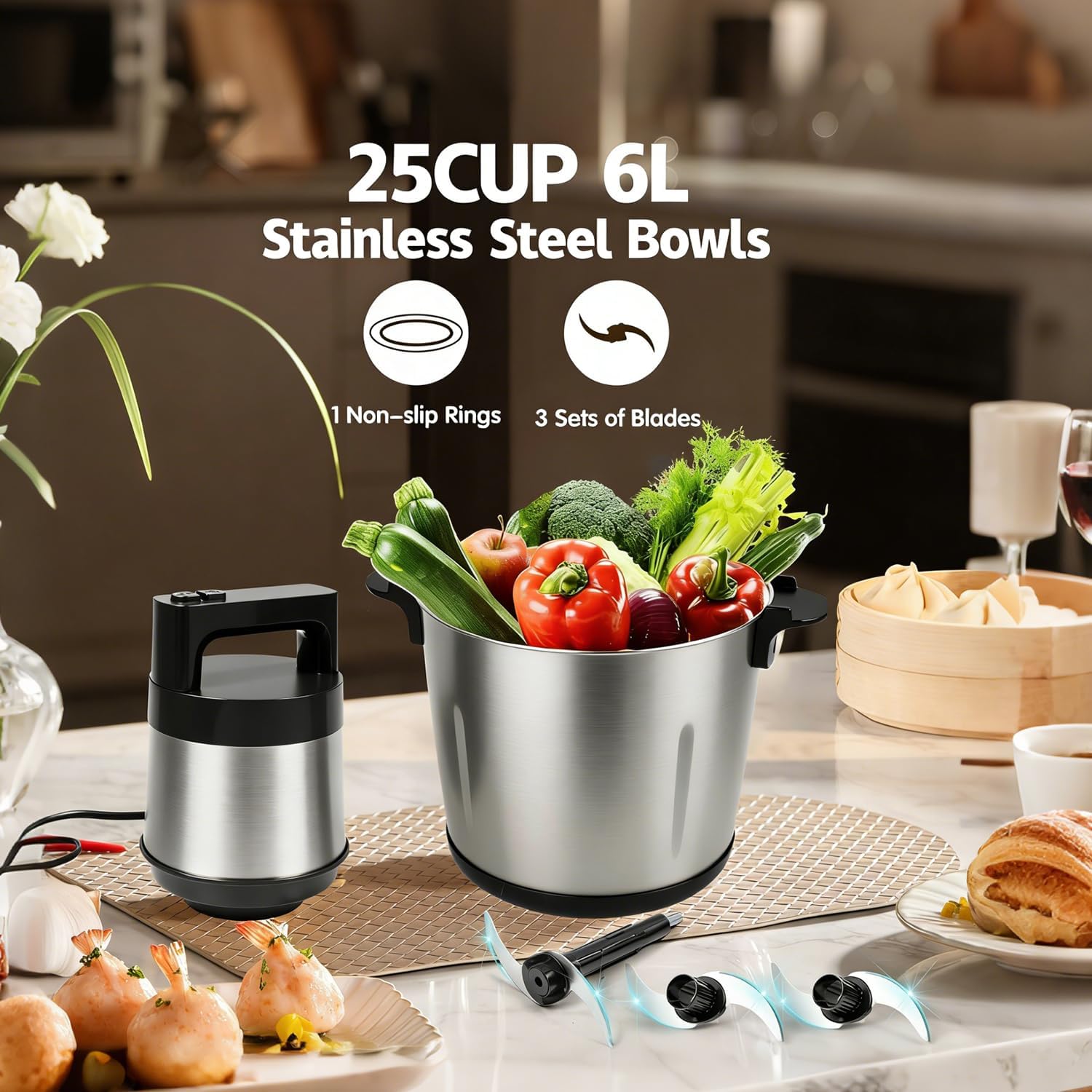 Meat Grinder 6L Large Capacity,1200W Heavy Duty Electric Food Processor for Frozen Meat,Vegetable and Nuts with 3-Layer Blades & Stainless Steel Bowl,Dishwasher Safe,for Family BBQ,Keto Meal