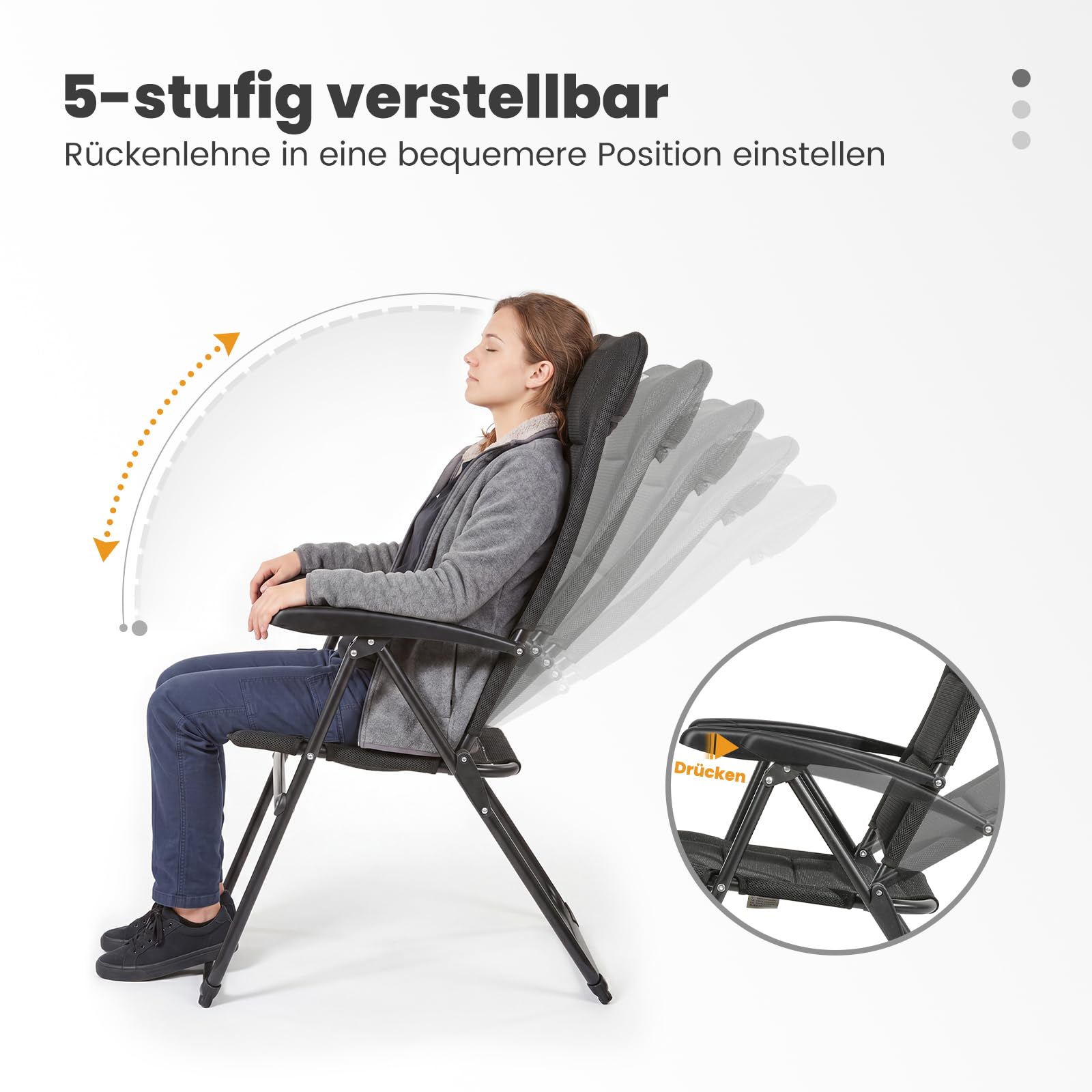 Homecall 2 er Set Campingstuhl Faltbar Gartenstuhl Klappbar Hochlehner Belastbar 150 KG - Balkonstuhl Angelstuhl Terrassenstühle, 5-Fach Verstellbare Rückenlehne mit Armlehne für Camp, Garten, Balkon