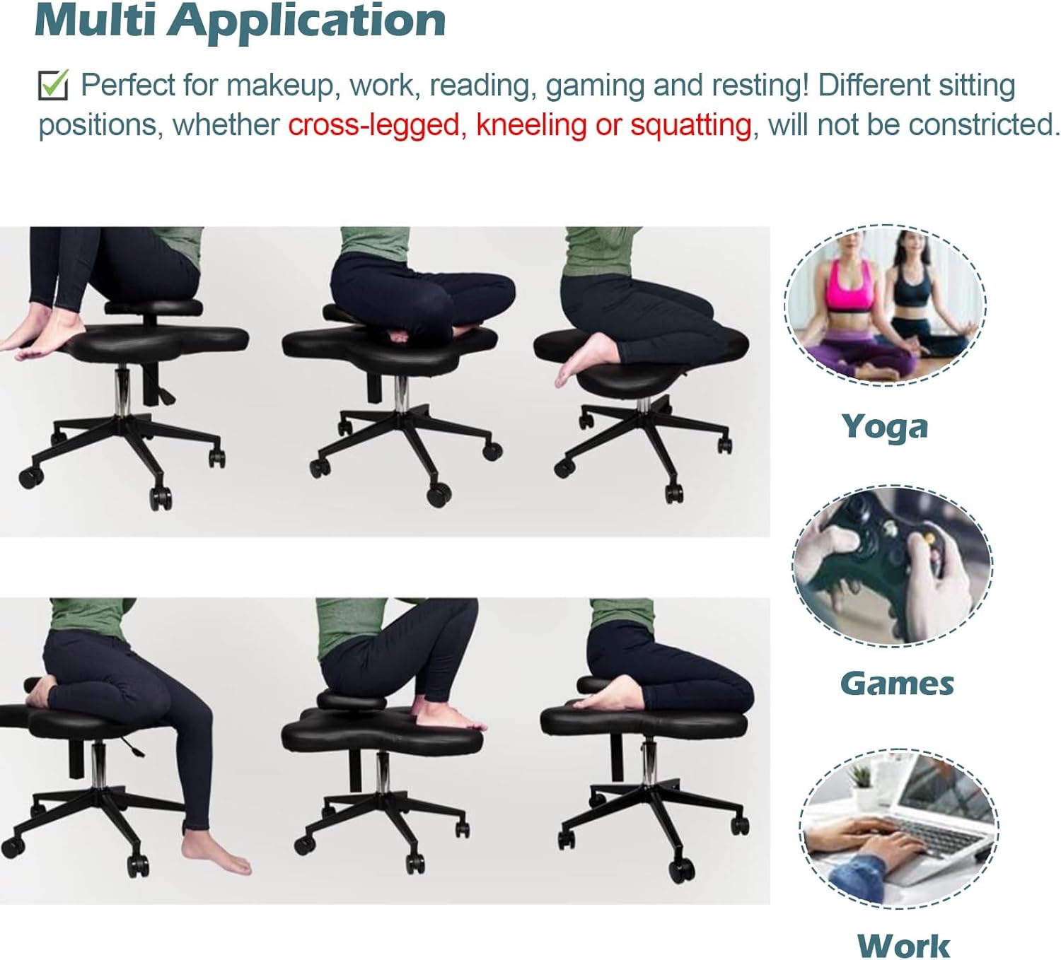 Kneeling Chair Ergonomic Faux Leather for Office & Home, Cross Legged Design with 5 Brake Wheels, Comfortable Support Stool for Improved Posture