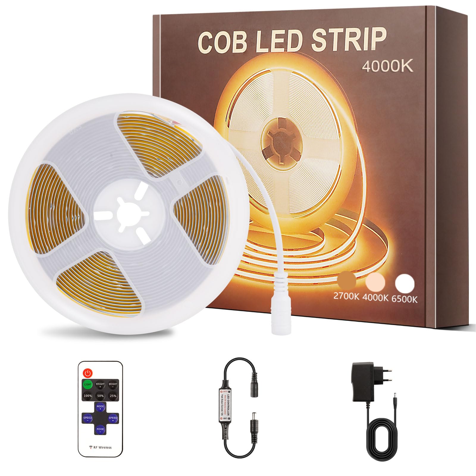 COB LED Strip 4M, Neutral White 4000K Self Adhesive LED Strip 320 LEDs/M 8mm Wide, with RF Remote Control and Power Supply Flexible Bright Lighting Under Cabinet for TV, DIY Decoration — image 1