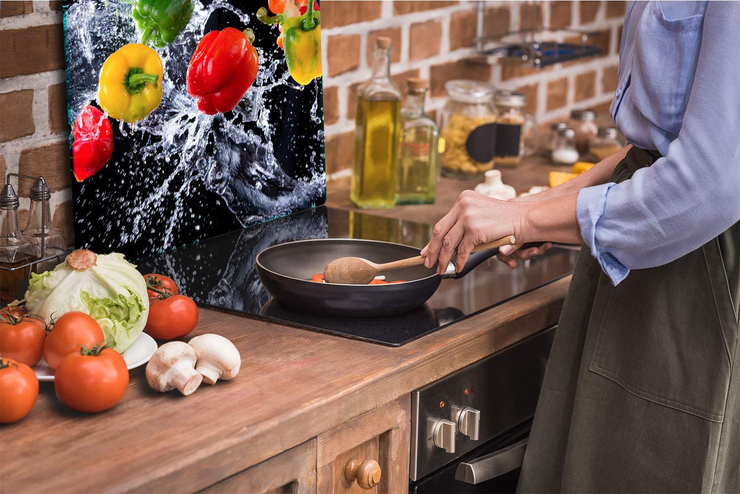 TMK Crédence de cuisine en verre trempé 65 x 60 cm – Verre décoratif avec bande adhésive – Panneau arrière en verre pour cuisine, piments
