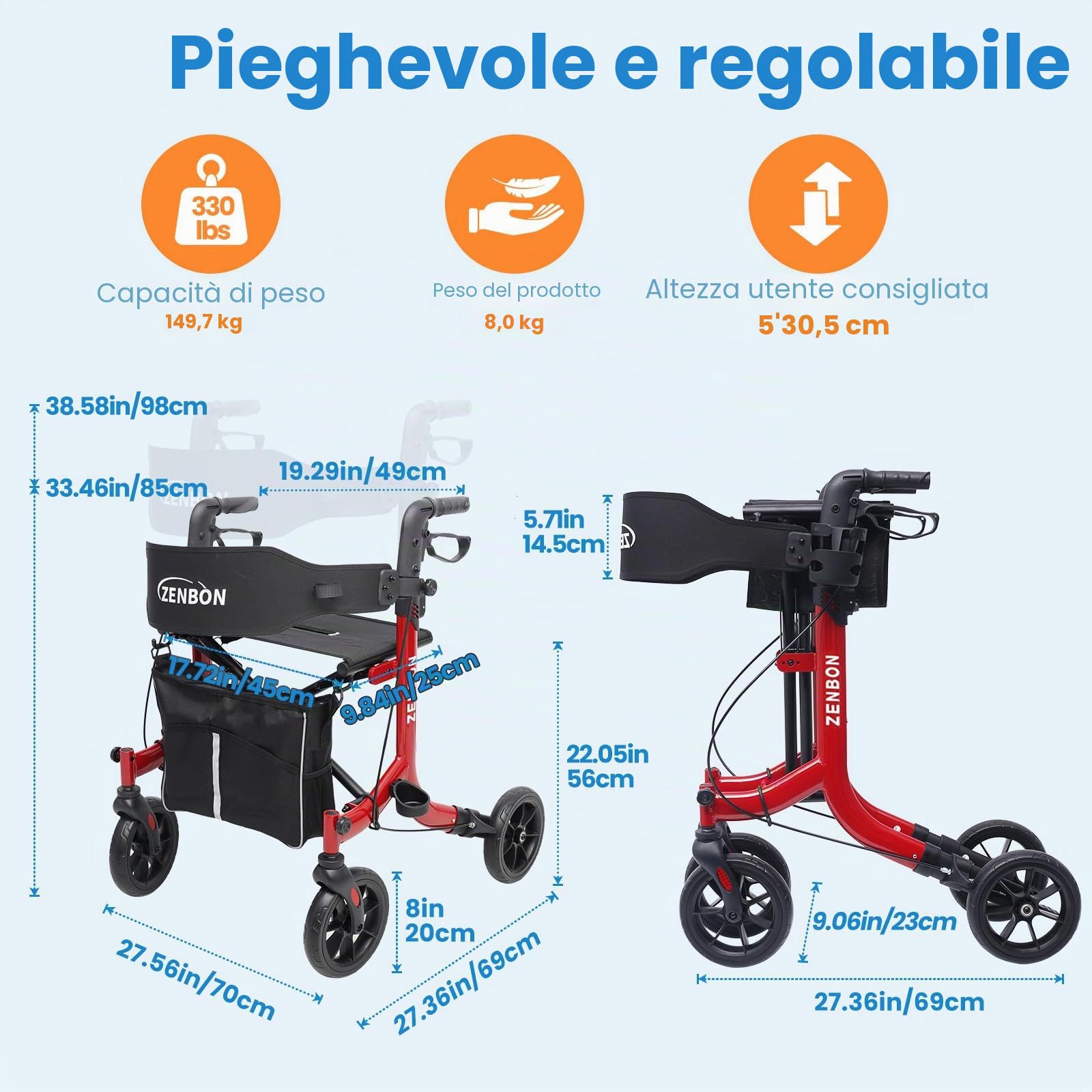 Deambulatore in Alluminio Ultraleggero con 4 Ruote: Rollator Stretto per la Casa, Deambulatore con Seduta Pieghevole per Anziani - Rollator da Viaggio con Maniglia Regolabile in Altezza (Rosso)