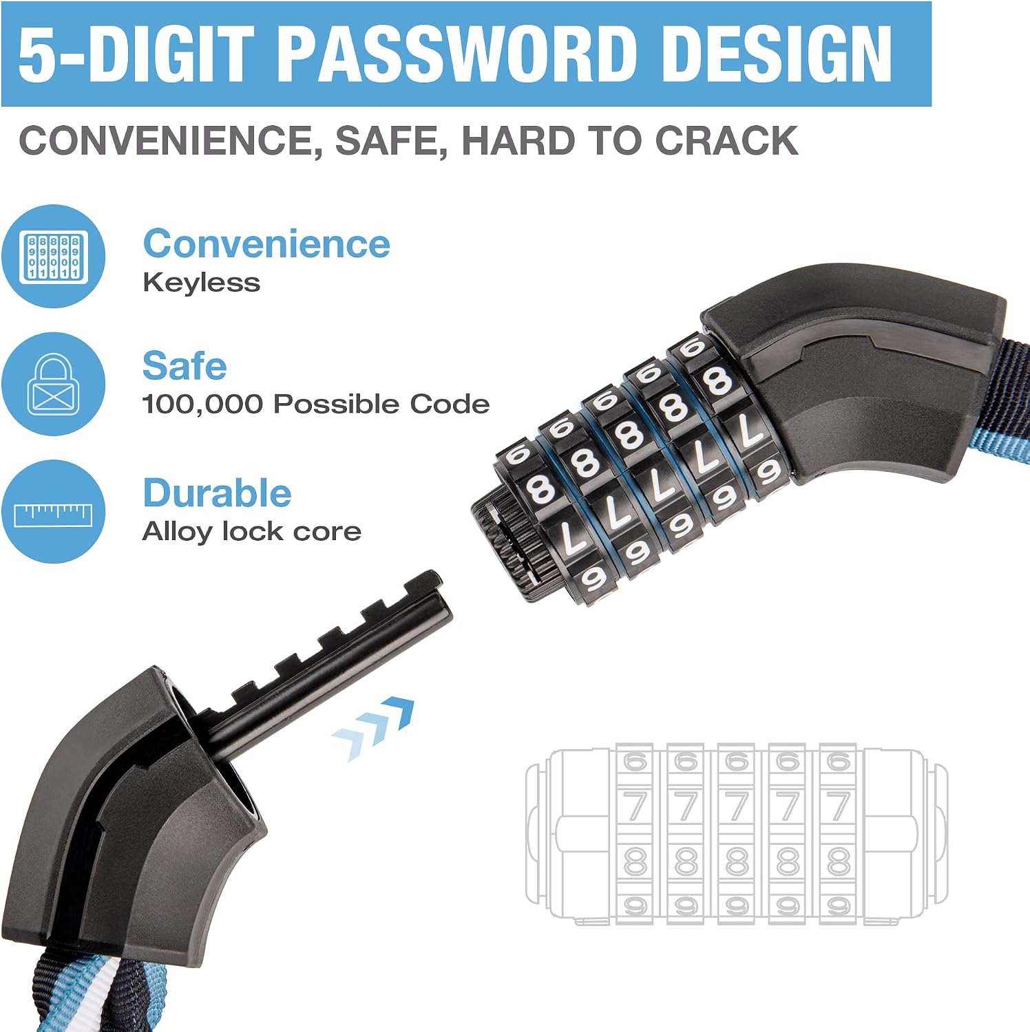 Bike Lock 3.28ft- 5 Digit Combination Anti Theft Chain Locks- Heavy Duty Keyless Bicycle Lock for Bike, e-Bike, Scooter, Gate
