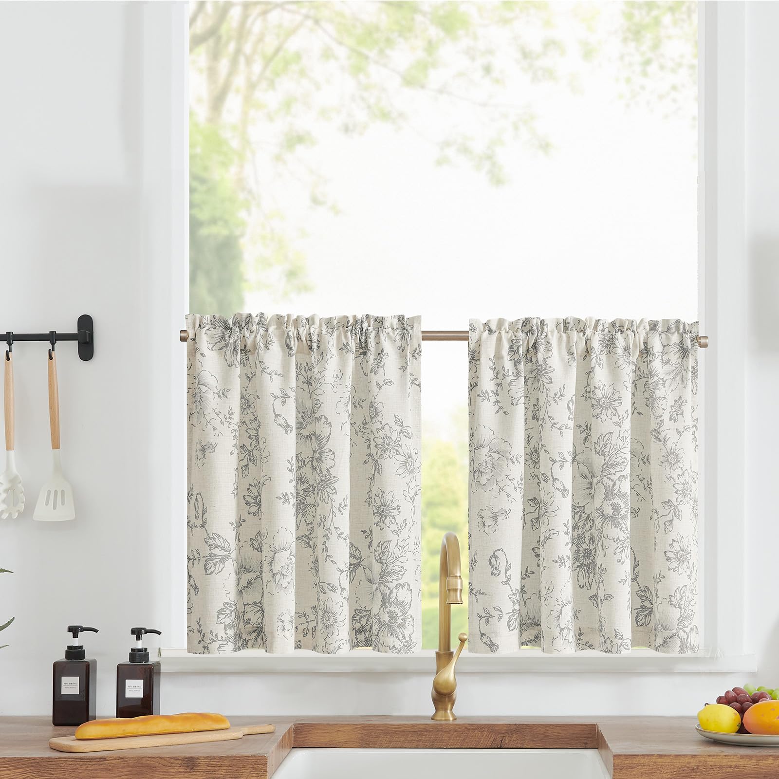 TOPICK Linen Blend Grey Floral Kitchen Curtains 24 Inch Drop Small Cafe Curtains Light Filtering Short Curtain Tiers for Bathroom Sink Rod Pocket 2 Panels, W36 x L24 Inch