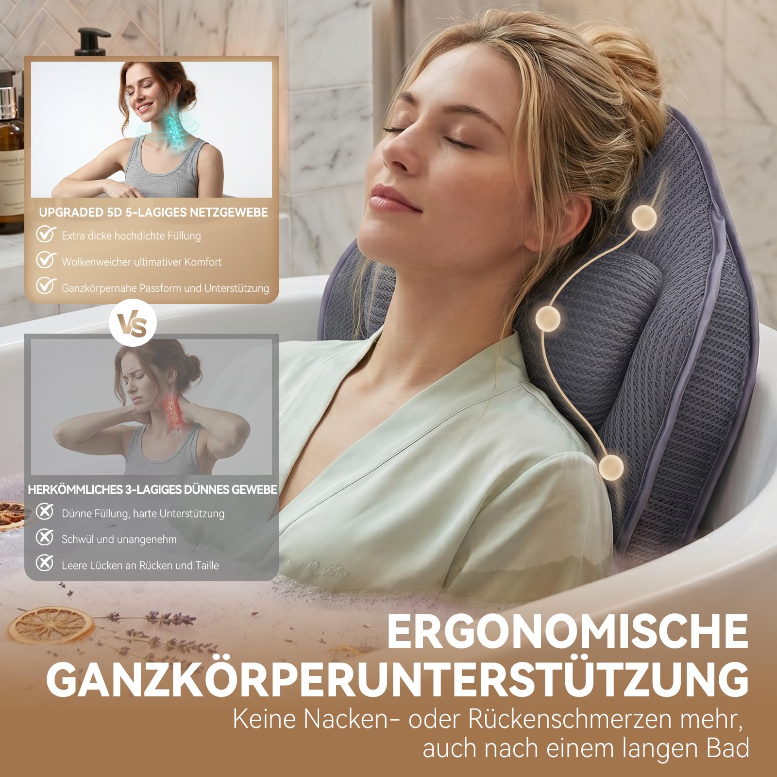 Poemland Luxus Dicke, volle Körper Badewannenkissen Mat & Cushion für Badewanne Kopfstütze Hals Schulter unterstützt Comfort Entspannung Spa Accessories Perfekt für Eintauchen in der Badewanne (Grau)