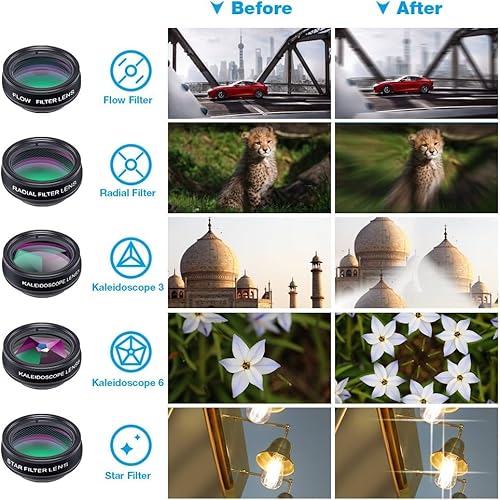 Auricase 10 en 1 Mobile Phone Camera Lenses, Objetivo movil, Lente Gran Angular 0,63x, Macro Lens 15x, teleobjetivo 2X, Ojo de pez 198°, Phone Camera Lens, para Todos los Smartphones - imagen 3