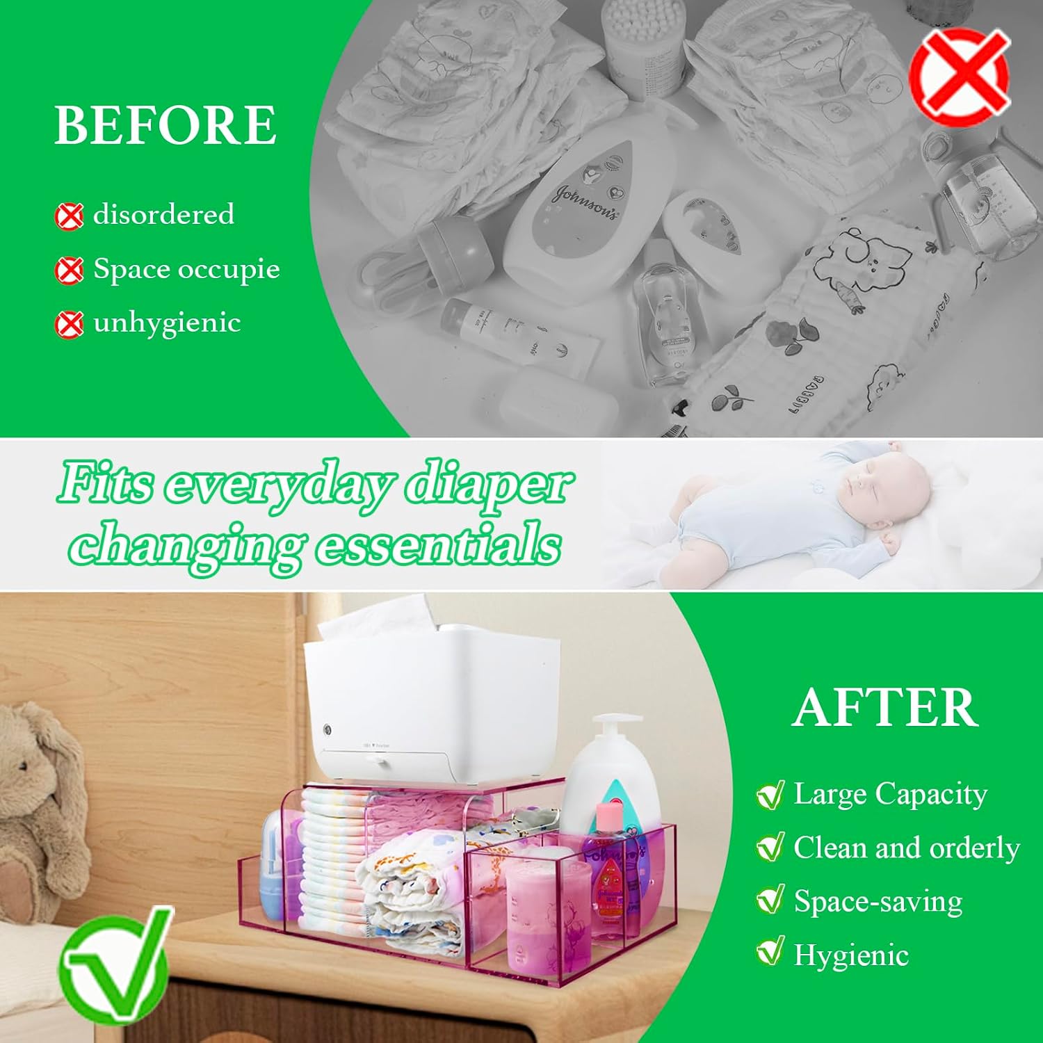 NANYEZH Acrylic Diaper Caddy, Baby Wipes Organizer for Changing Table, Dresser Top Tabletop Organizer with 4 Detachable Compartments, Anti-slip Rubber Feet, Newborn Baby Essentials, Red