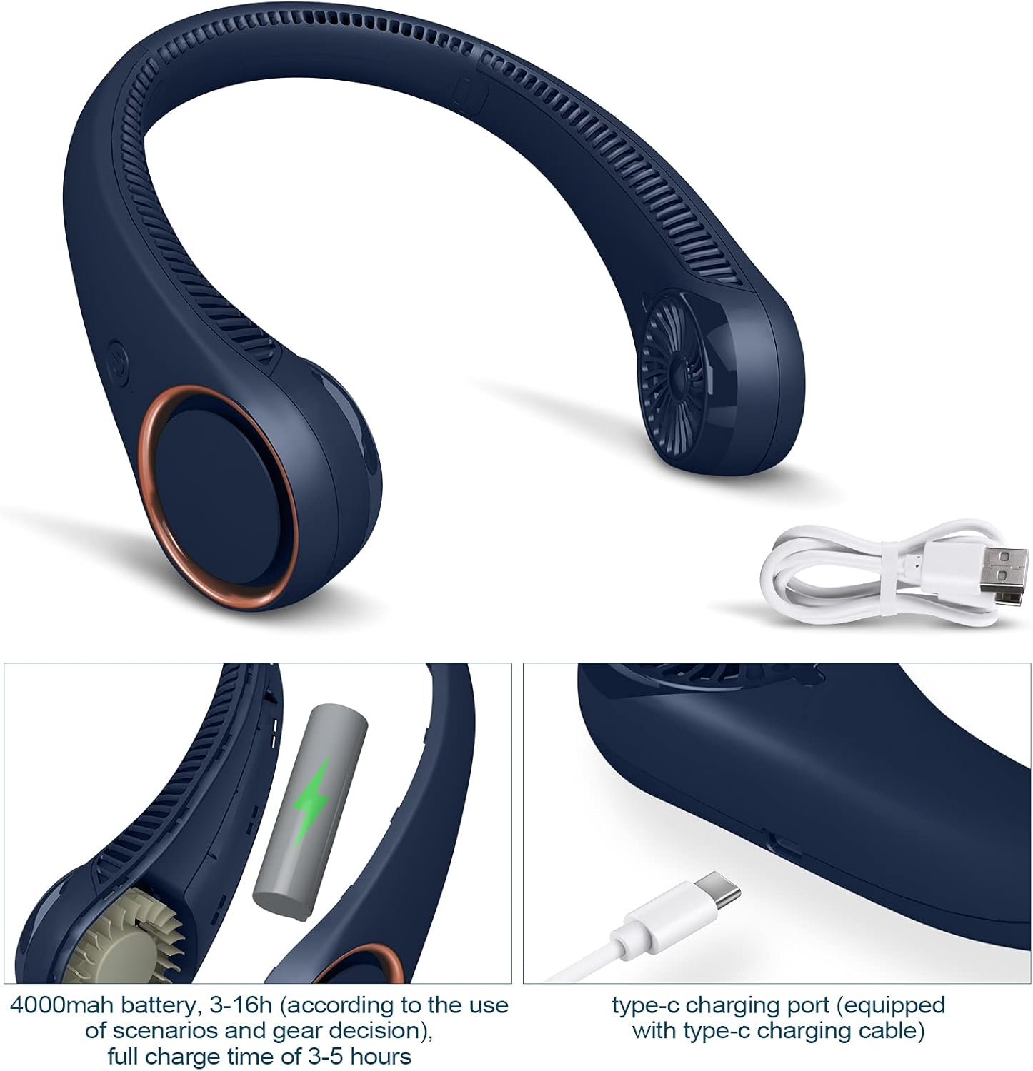 CIVPOWER Portable Neck Fan,Hands Free Bladeless Fan,360°Cooling Personal Fan,3 Speeds Adjustment,78 Air Outlet,Headphone Design,Rechargeable,USB Powered Neck Fan for Outdoor Indoor-Dark Blue : Home & Kitchen