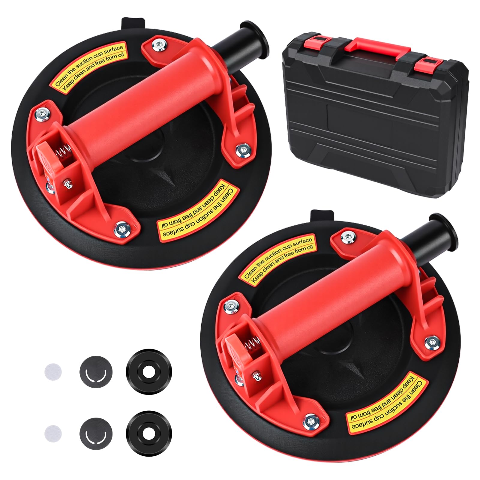 2 Piezas 8" Ventosas para Cristal, Ventosa Capacidad de Carga Máxima 200 kg, Ventosa Cristal con Caja de Transporte para Vidrio, Azulejos, Mármol, Rojo