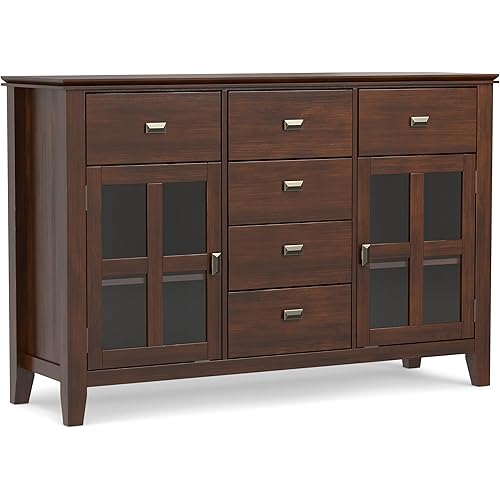 SIMPLIHOME Artisan Buffet - 54 inch Wide Solid Wood 3-Door Sideboard Buffet in Russet Brown, Transitional Storage Cabinet for Dining Room or Kitchen with Adjustable Shelves and Bronze Hardware