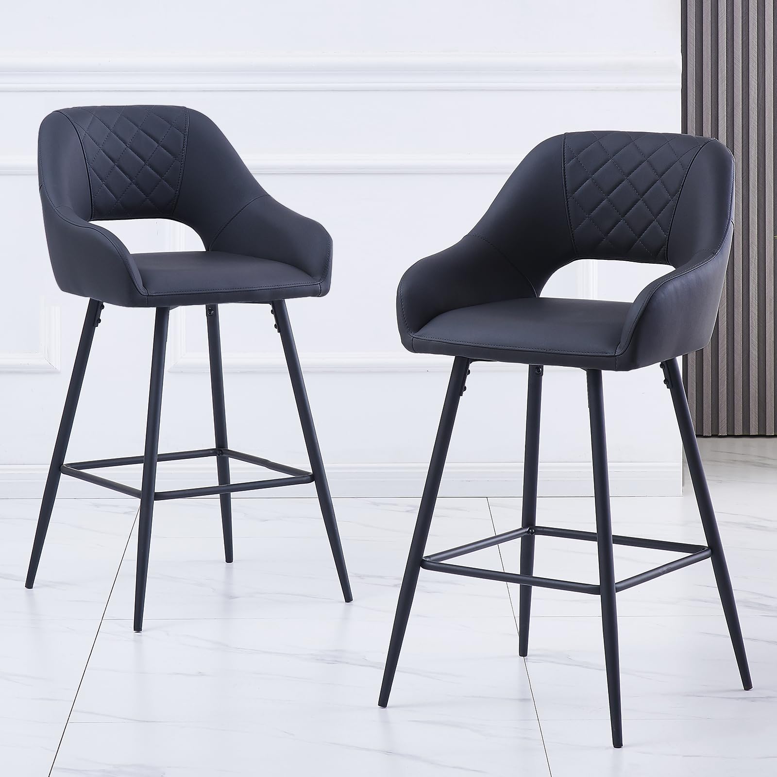ZOONFA 2 Pieces Faux Leather Kitchen Bar Stools Upholstered Breakfast Stool with Backs and Arms Barstools for Breakfast Bar PU Black