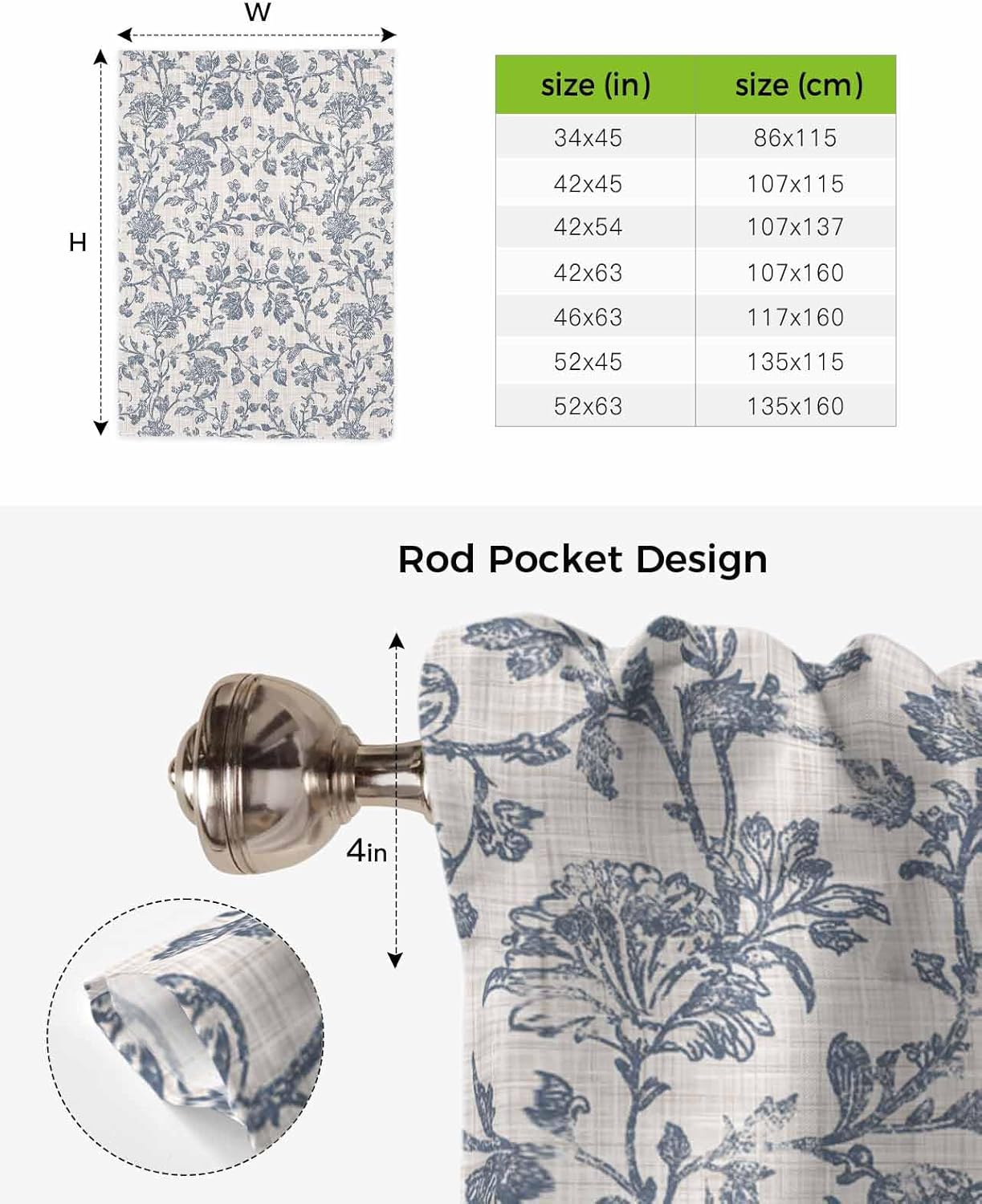 Blue Floral Tie Up Curtains for Kitchen Bedroom Living Room Windows, Farmhouse Vintage Flower Leaf Botanical Adjustable Tie-Up Shade Rod Pocket Curtain Valance Drape 1 Panel, 42" x 63"