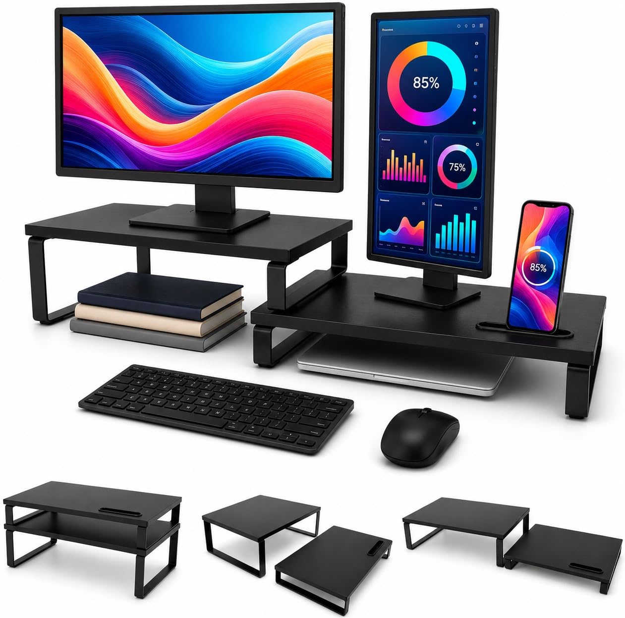 Supporto per doppio monitor, lunghezza e angolazione regolabili, organizer da scrivania ergonomico con supporto per smartphone e cuscinetti antiscivolo, carico 50 kg, supporto per monitor in