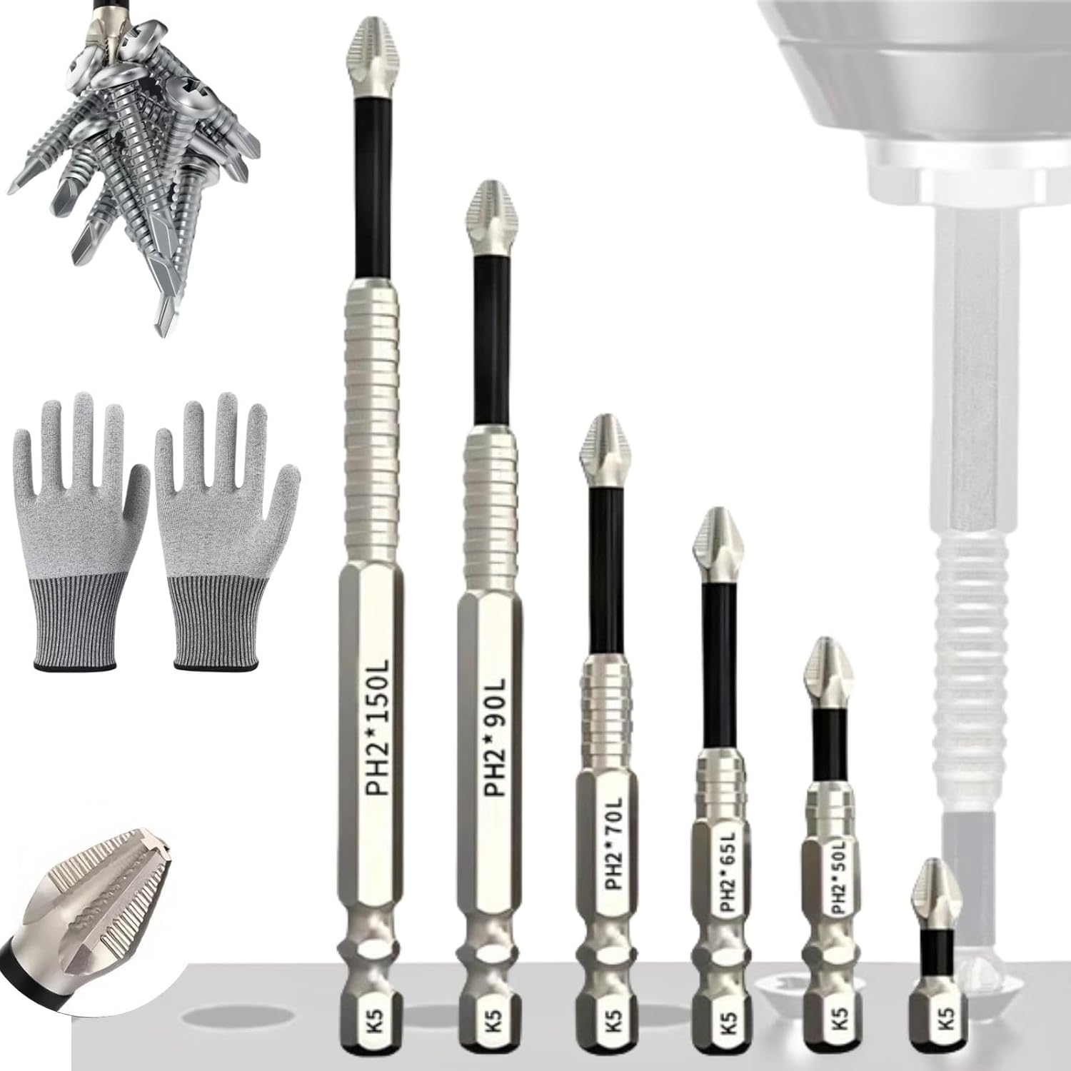 Strong Magnetic Durability Screwdriver Drill Bit Set - High-Magnetic Anti-Slip Magnetic Electric Screwdriver Drill Bit Set with 25mm ，50mm, 65mm, 70mm, 90mm, 150mm (6 pcs)