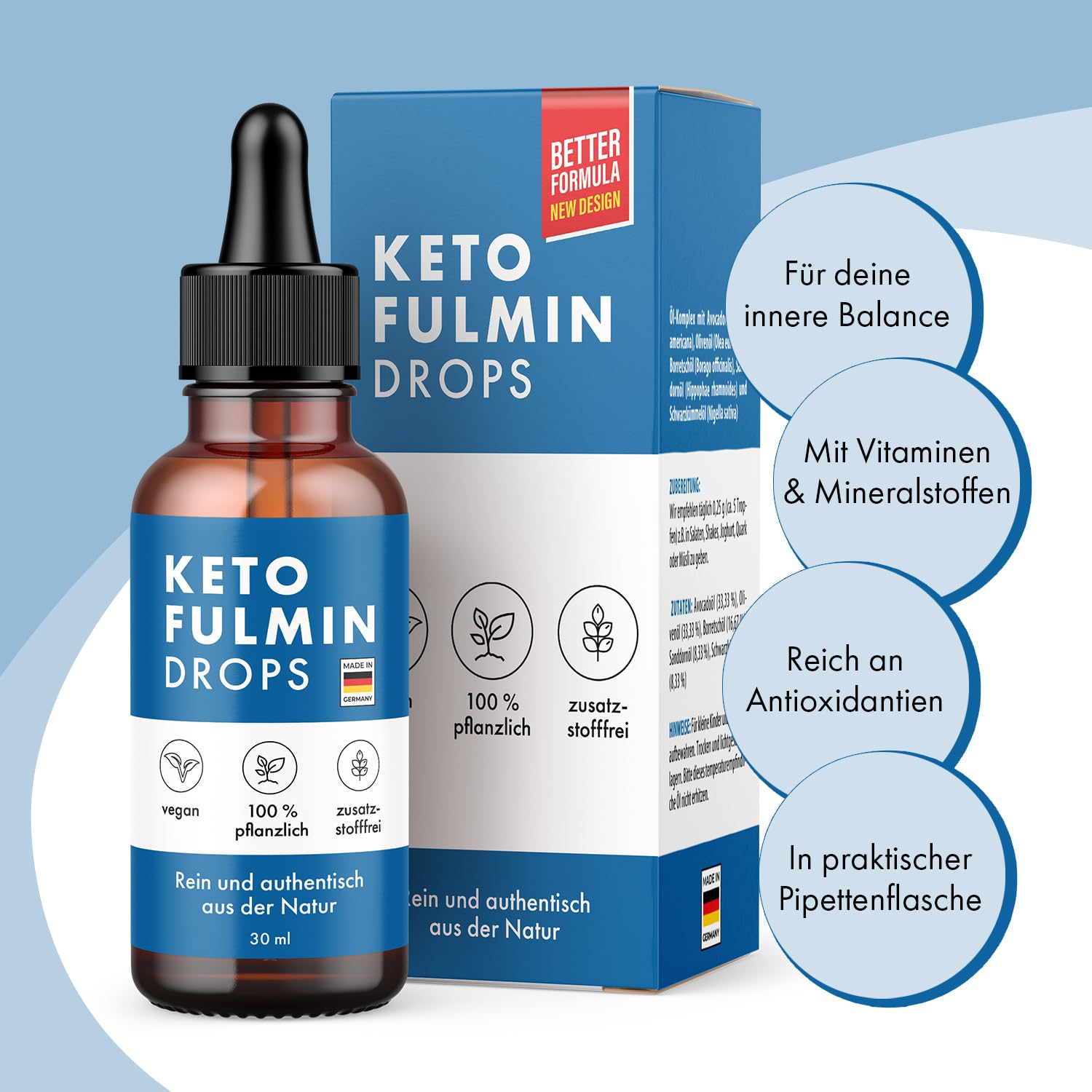 Ketofulmin Öl-Komplex Tropfen - mit Avocadoöl,Olivenöl, Borretschöl, Sanddornöl und Schwarzkümmelöl - für Männer und Frauen - 30 ml Inhalt pro Flasche 1x