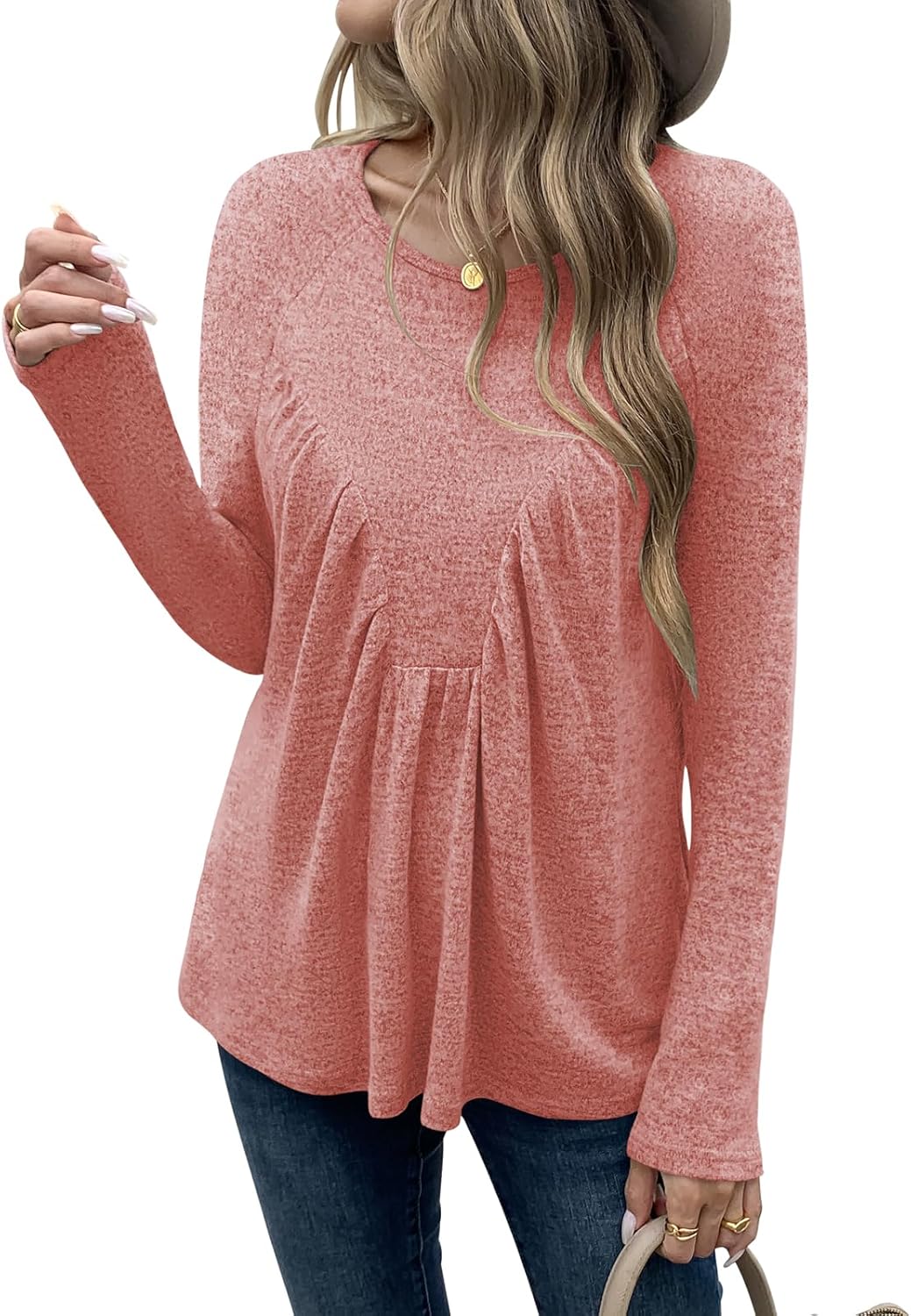 Womens Tops Fall Fashion 2025 Crewneck Long Sleeve Shirts Casual Loose Pleated Tunic Flowy Babydoll Blouses - Image 5