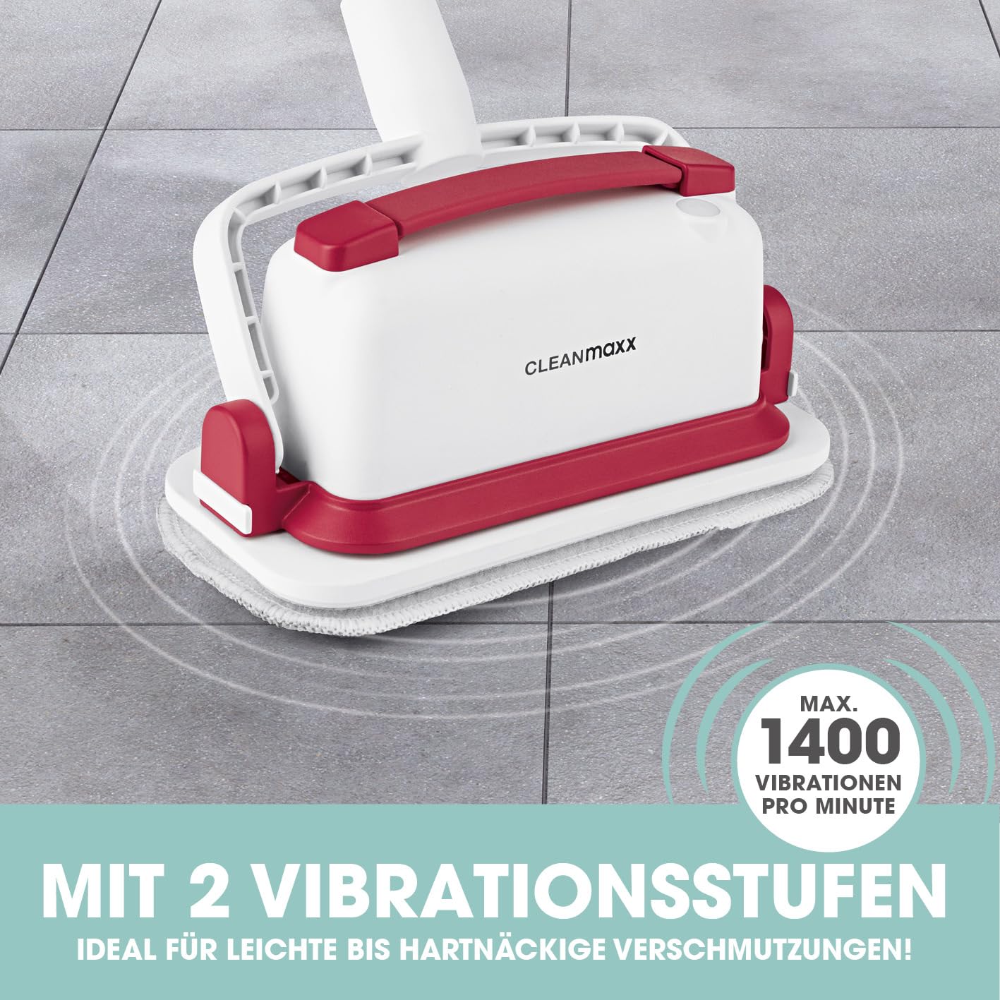 CLEANmaxx Akku-Vibrations-Reiniger für Hartböden, Fliesen & Oberflächen | 2in1 Bodenreiniger & Handbürste | Kabelloses Reinigen für mehr Flexibilität | Mit ausziehbarem Stiel | Inkl. 3 Reinigungspads