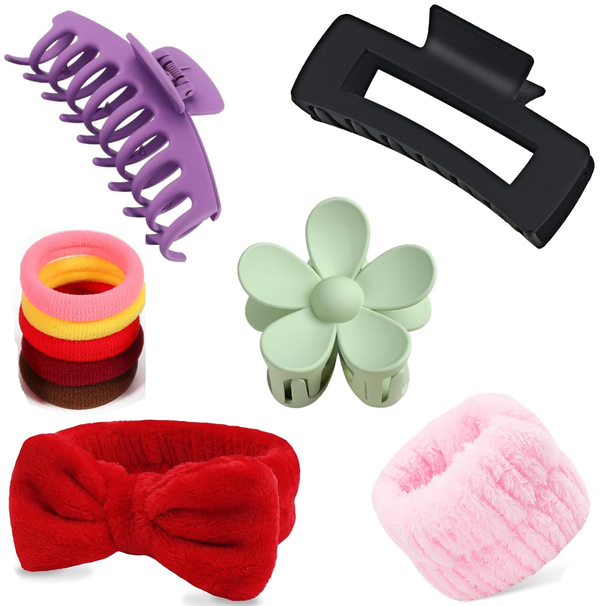 VORSET 6 in 1 Hair Accessories Combo Set for Women & Girls | Jumbo Hair Clutcher, Flower Hair Clip, Cotton Rubber Bands, Spa Headband & Wristbands | Multicolor Beauty Kit-image-38