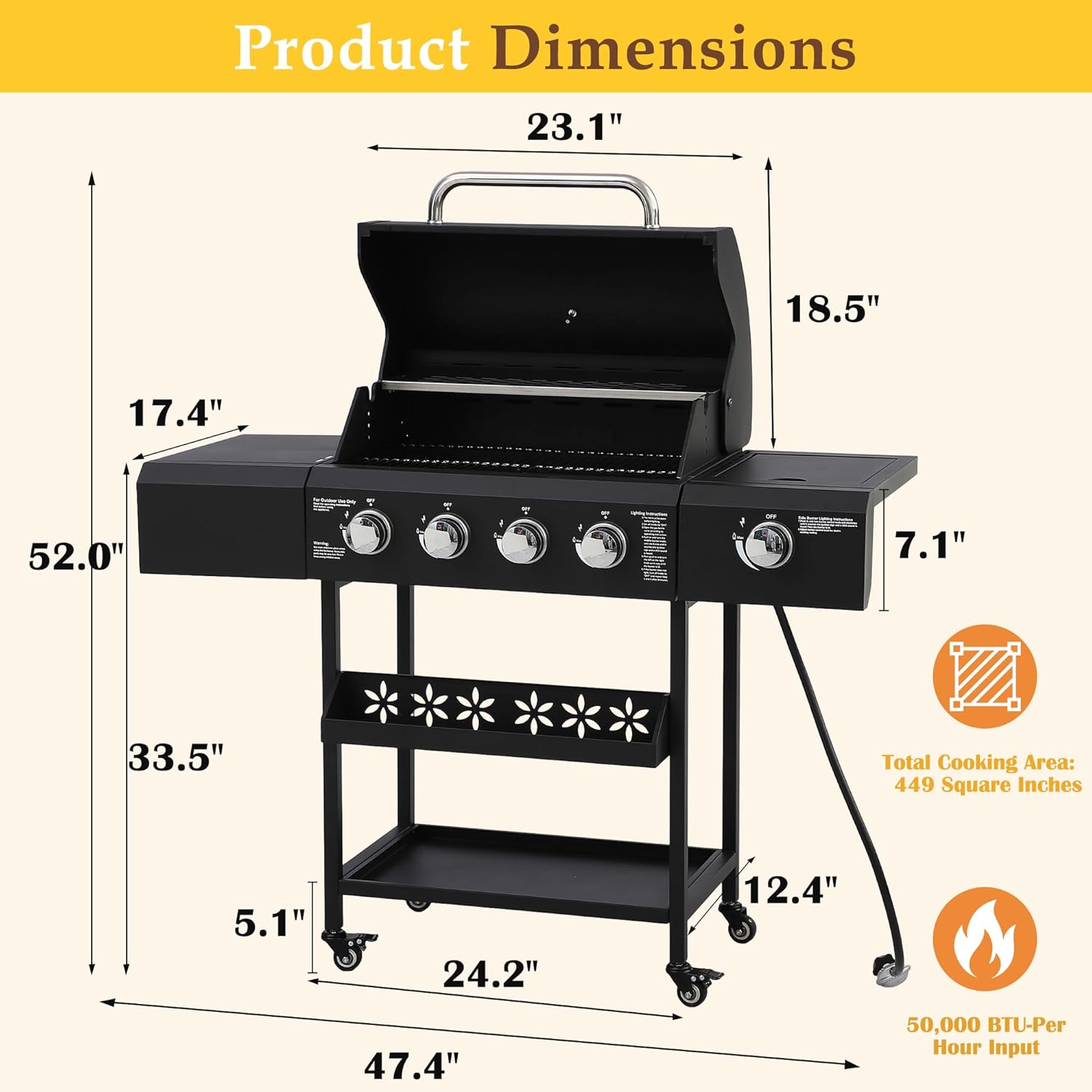 4-Burners Propane Gas Grill with Side Burner, 50,000 BTU Outdoor BBQ Grill with Storage Racks & Hooks, Cast Iron Cooking Grate with Wheels for Outdoor Patio Garden (Black without Door)