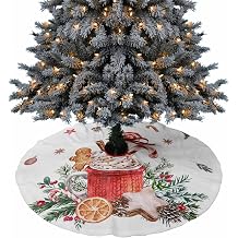 Christmas Tree Skirt Gingerbread Candy Cane Christmas Tree Mat Decorations Hot Coco Xmas Ball Winter Holiday Tree Mat for Home Party Decoration Indoor Outdoor, 36 inch