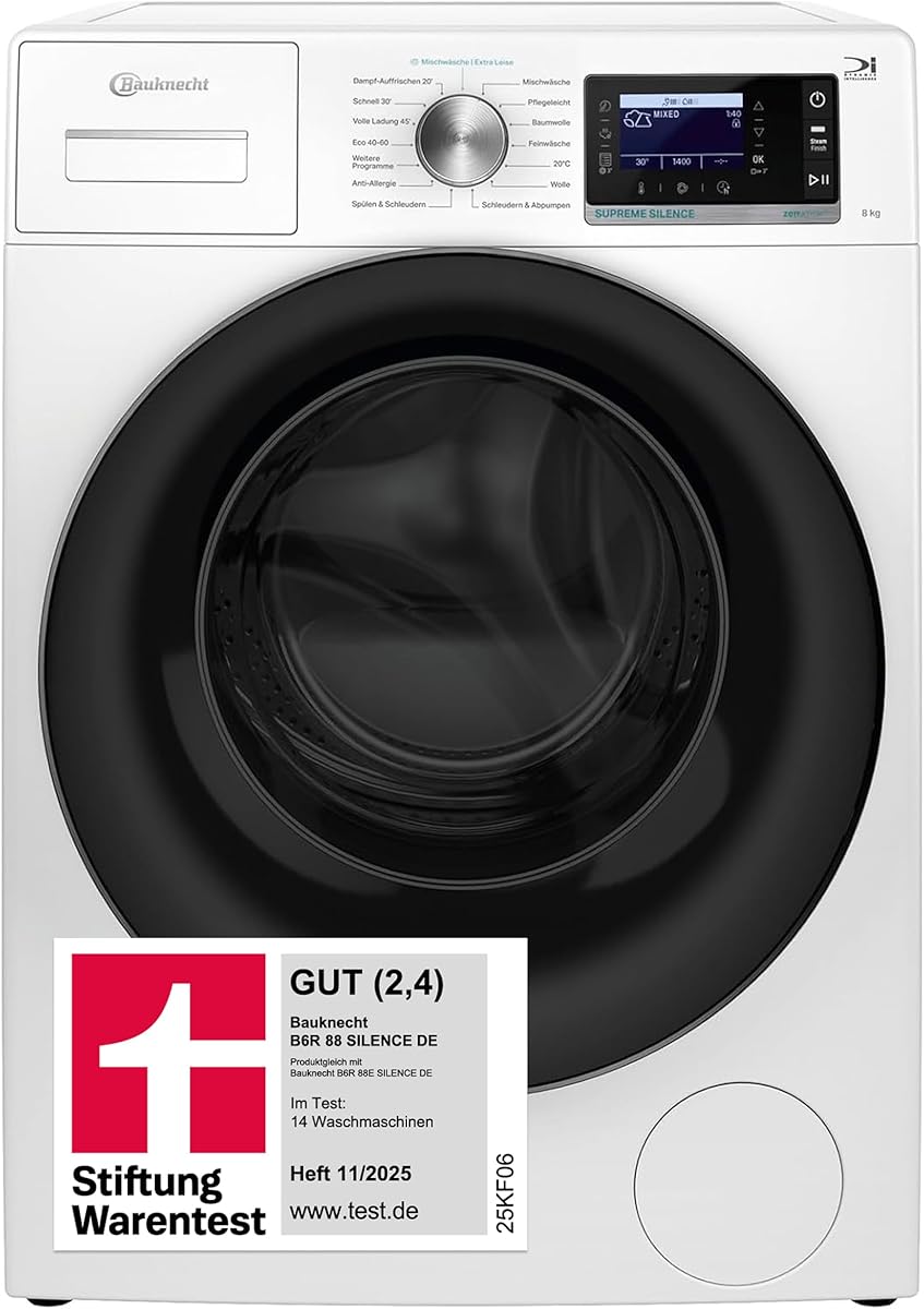 Bauknecht Waschmaschine 8kg, Stiftung Warentest GUT (2,4)*, Supreme Silence, EEK A-20%, 1400 U/min, ZEN-Motor, Besonders leise, Dampftechnologie, B6R 88 SILENCE DE, Weiß