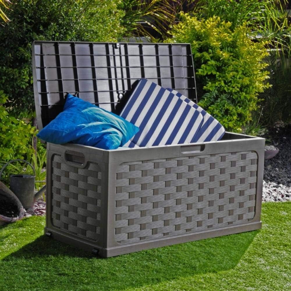 Bel Lazer storage chest in a garden setting with cushions inside